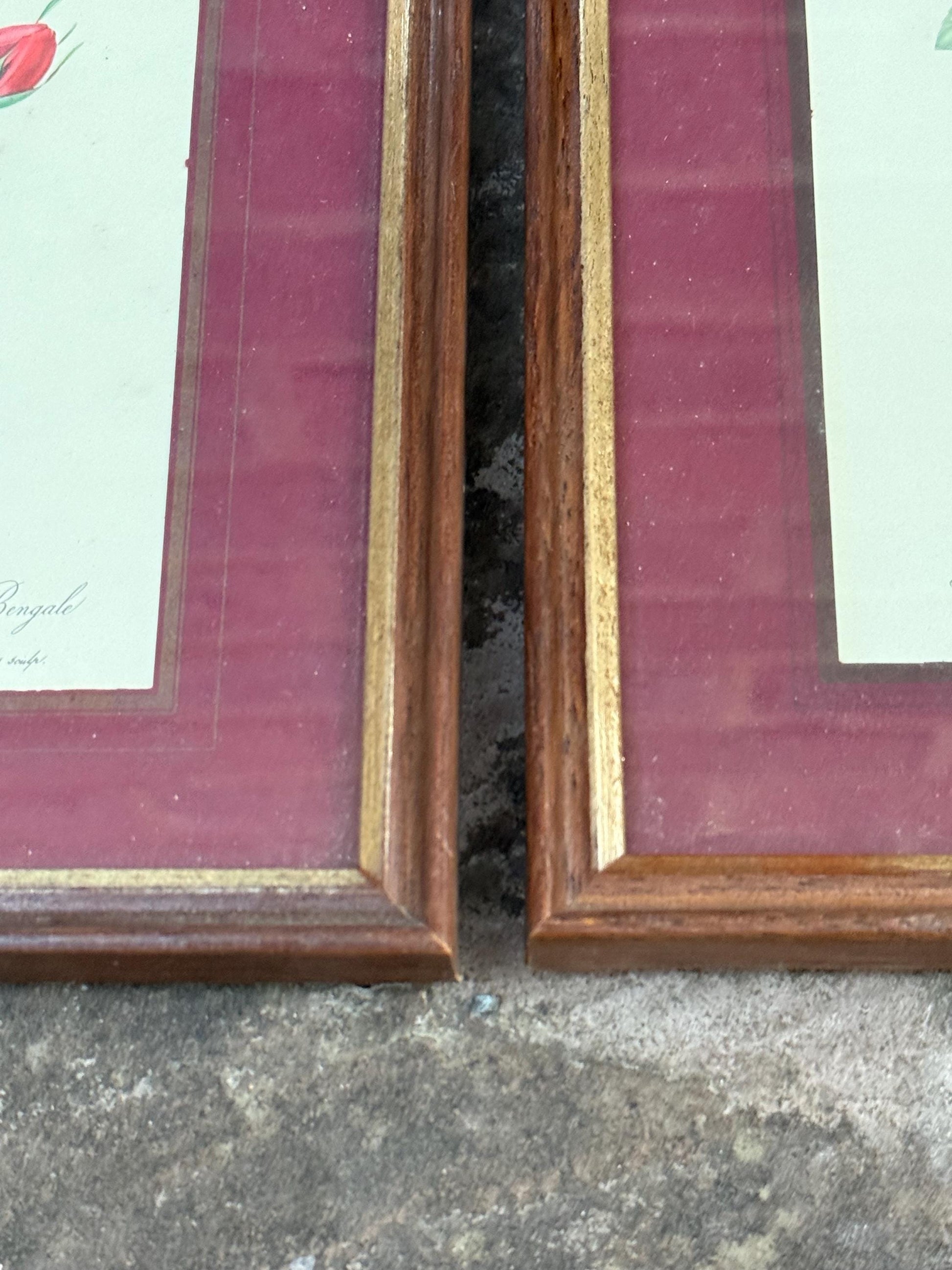 Four matching vintage wooden frames with gilt detail and glazing, small vintage frames, set of four - flower prints, maroon mounts