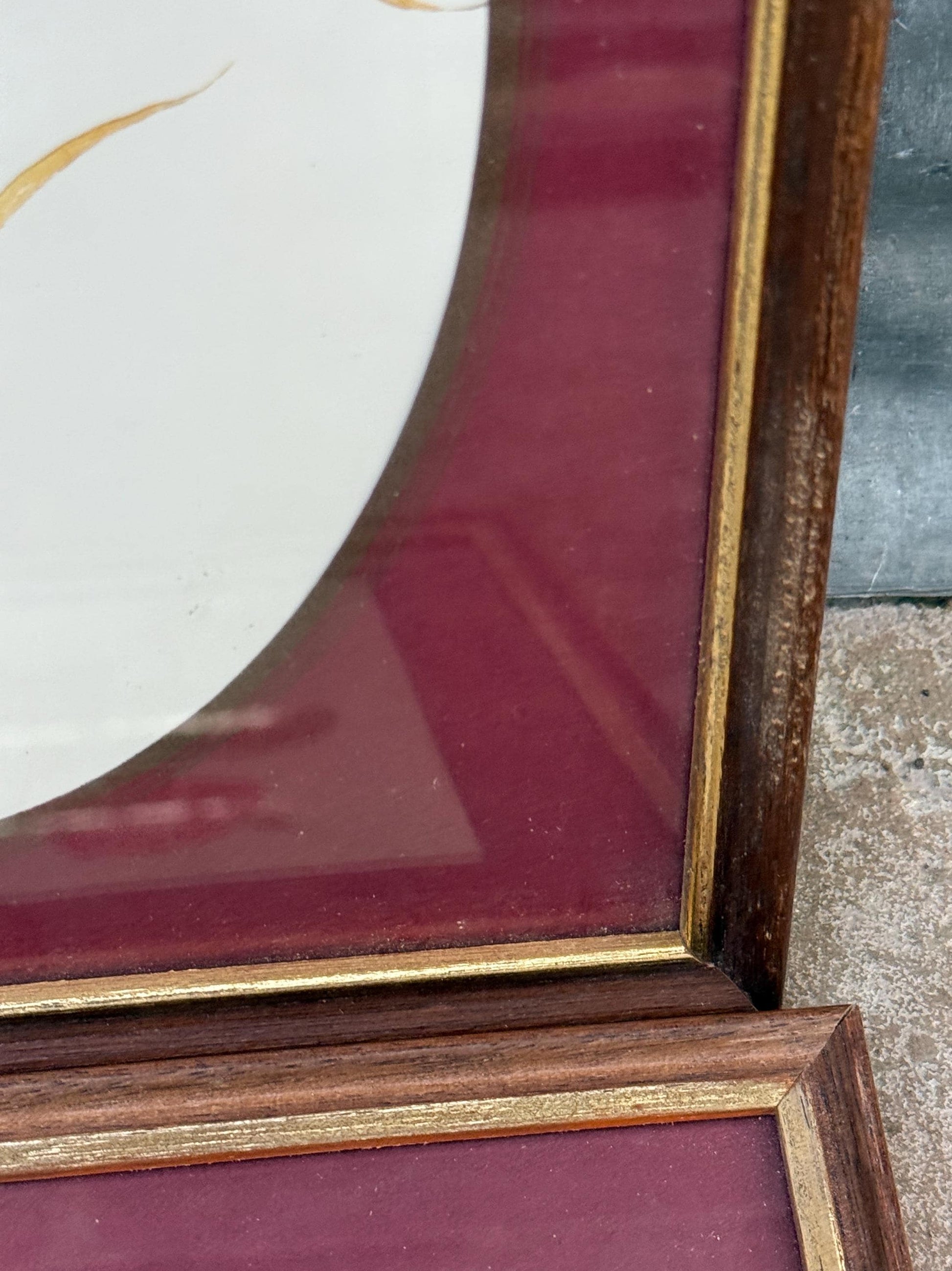 Four matching vintage wooden frames with gilt detail and glazing, small vintage frames, set of four - flower prints, maroon mounts
