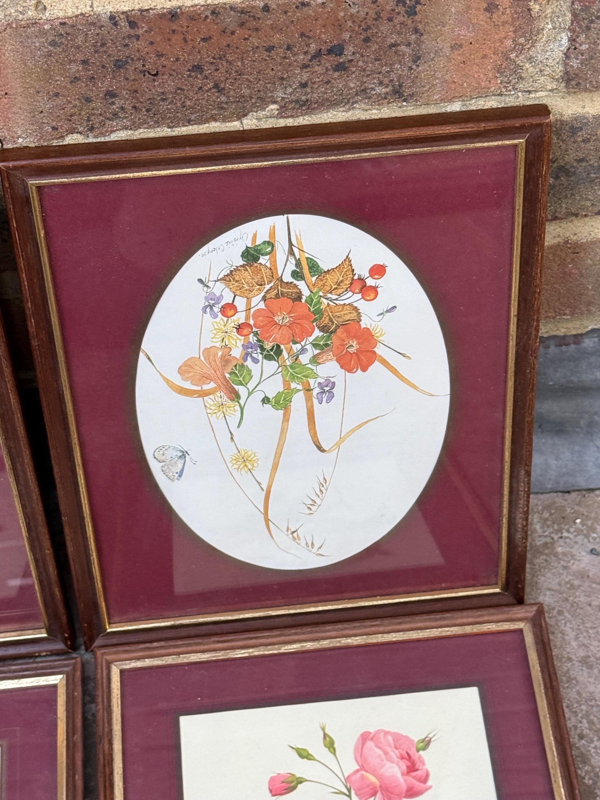 Four matching vintage wooden frames with gilt detail and glazing, small vintage frames, set of four - flower prints, maroon mounts