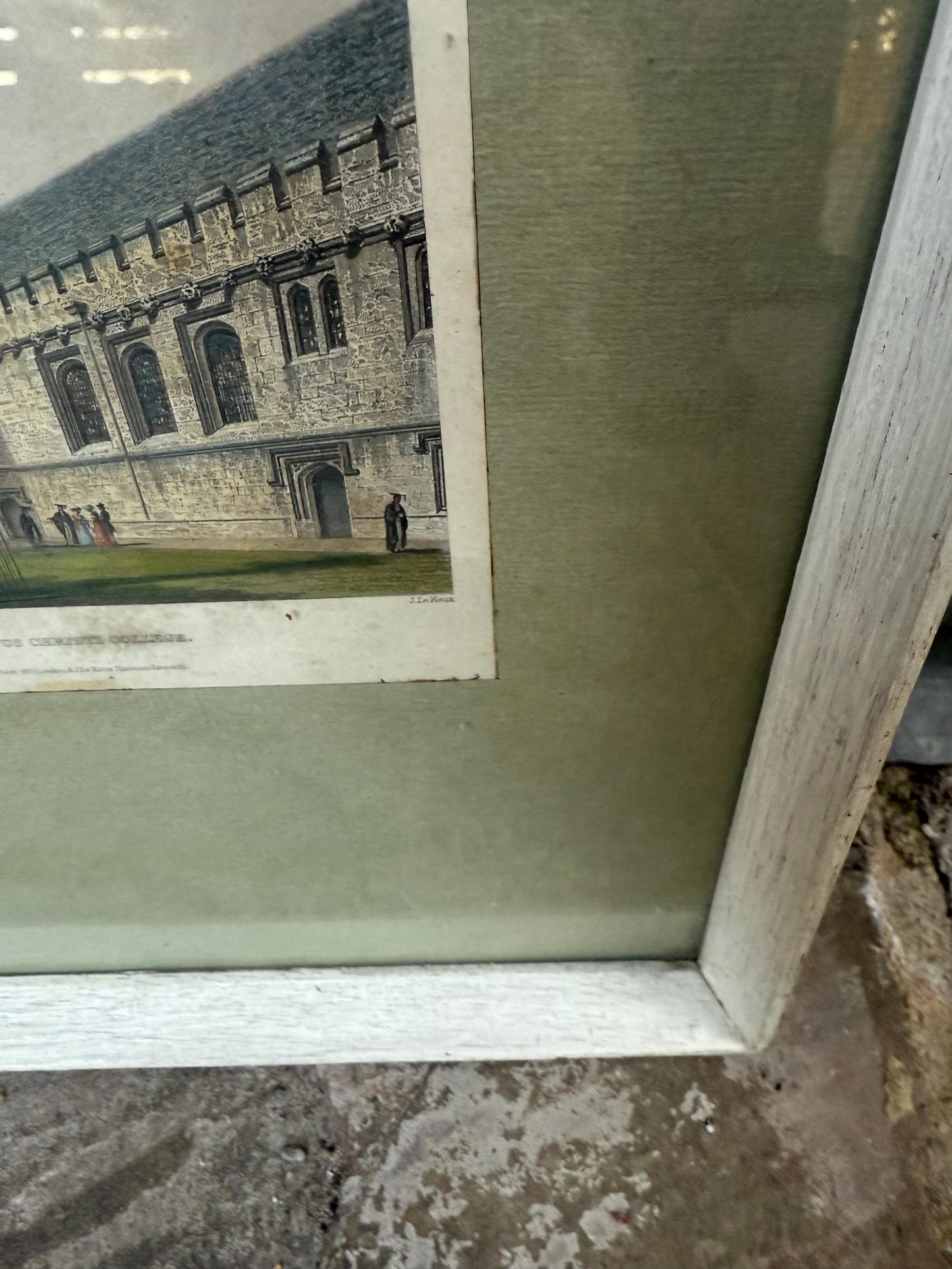Corpus Christi College, University of Cambridge : 1800 Engravings, hand coloured, vintage prints x 2 in glazed painted wooden vintage frames