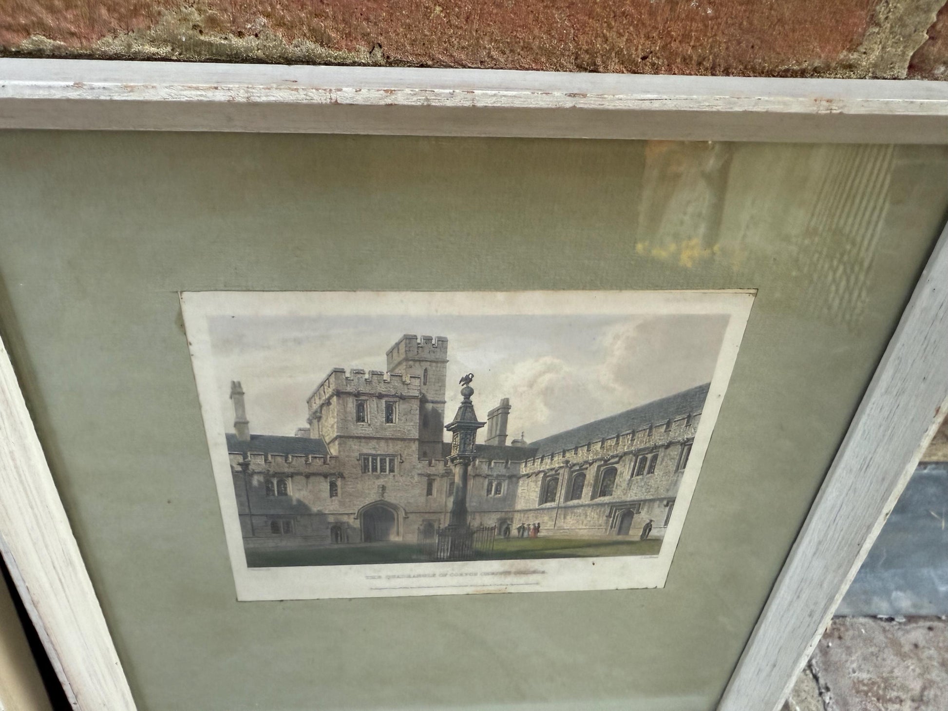 Corpus Christi College, University of Cambridge : 1800 Engravings, hand coloured, vintage prints x 2 in glazed painted wooden vintage frames