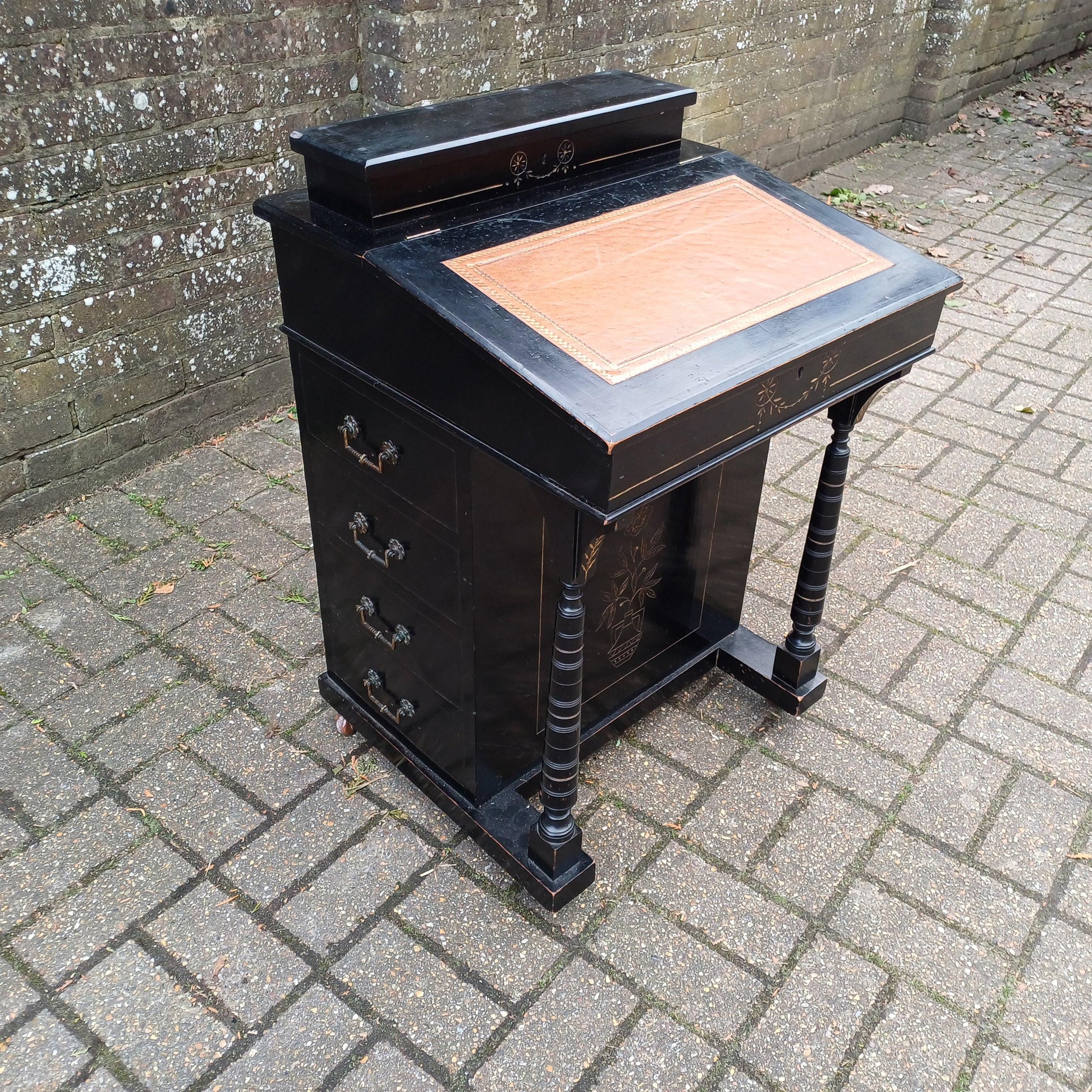 Vintage Davenport Antique Writing Desk with Secret Compartment, Late 19th/Early 20th Century FREE HAND Delivery Black Gold Ebonised