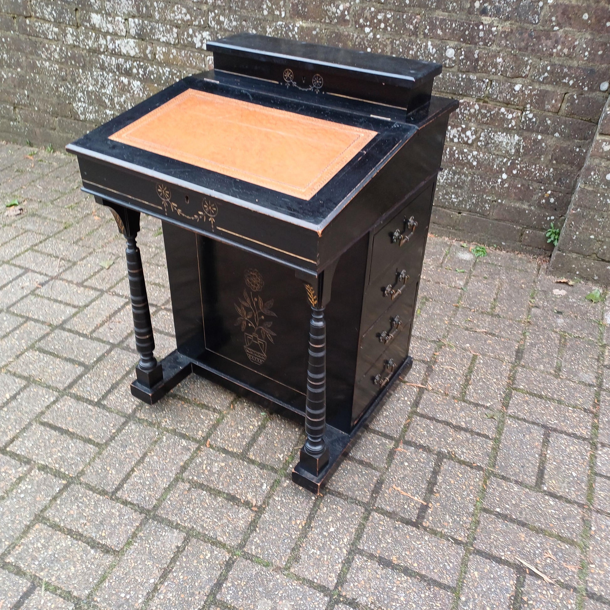 Vintage Davenport Antique Writing Desk with Secret Compartment, Late 19th/Early 20th Century FREE HAND Delivery Black Gold Ebonised