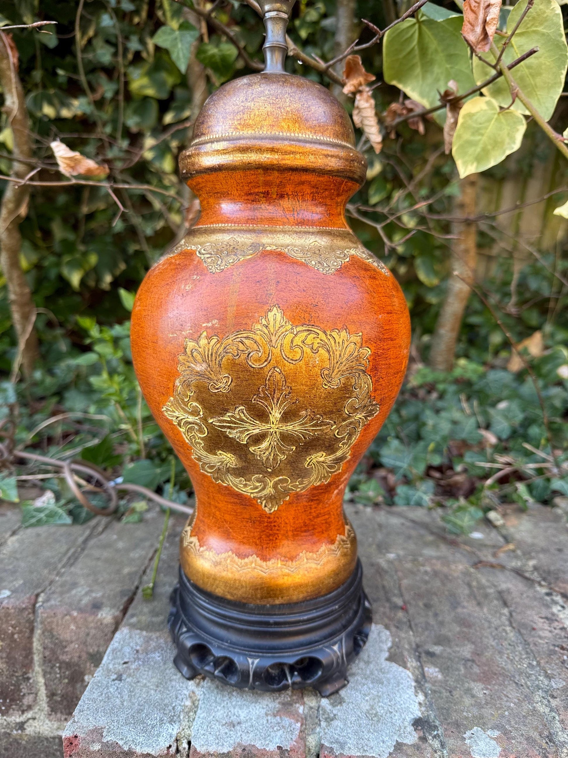 Vintage Asian Influenced Table Lamp (1970s) - burnt oranges, browns, golds - fully PAT tested and working