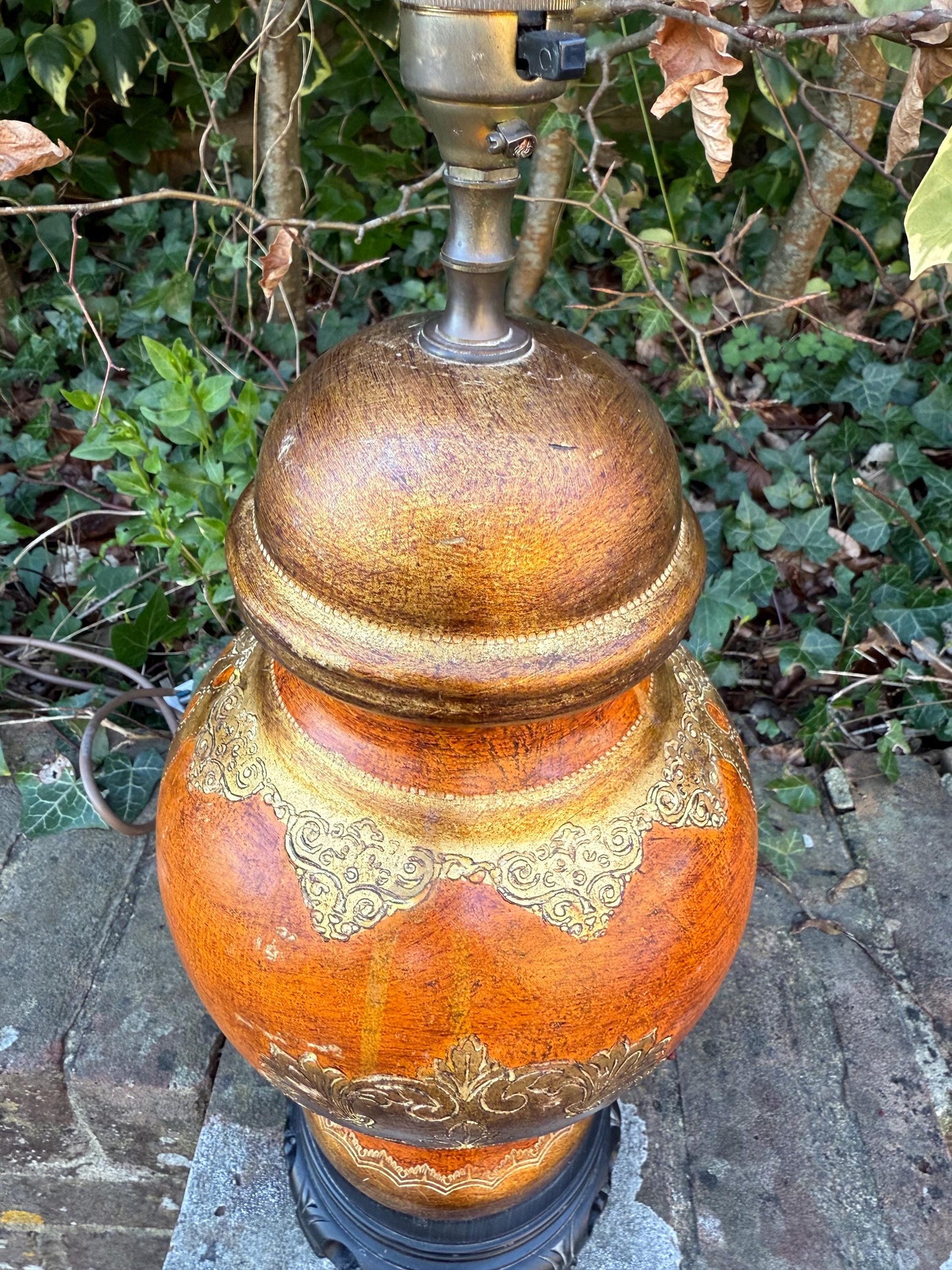 Vintage Asian Influenced Table Lamp (1970s) - burnt oranges, browns, golds - fully PAT tested and working