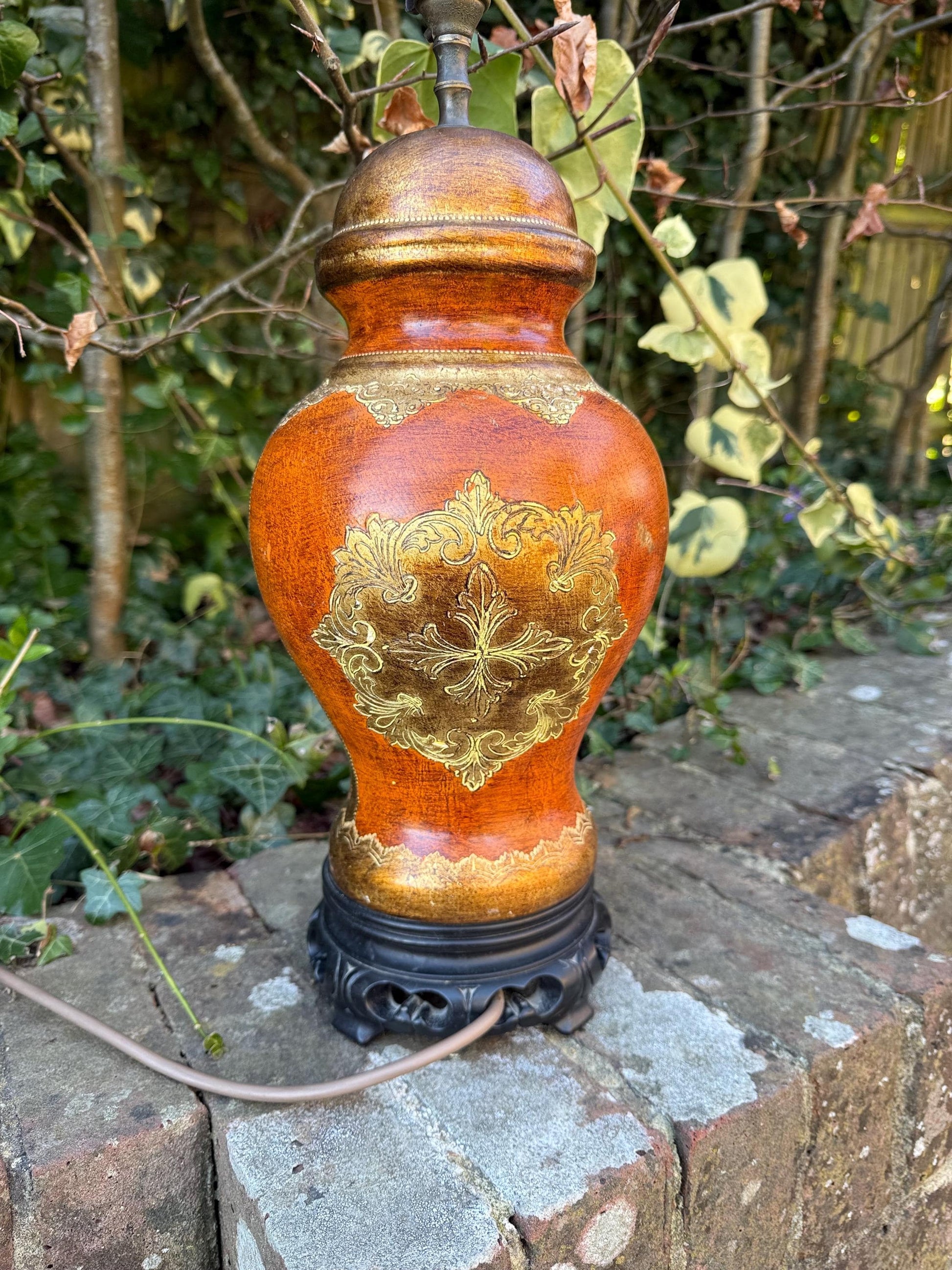 Vintage Asian Influenced Table Lamp (1970s) - burnt oranges, browns, golds - fully PAT tested and working