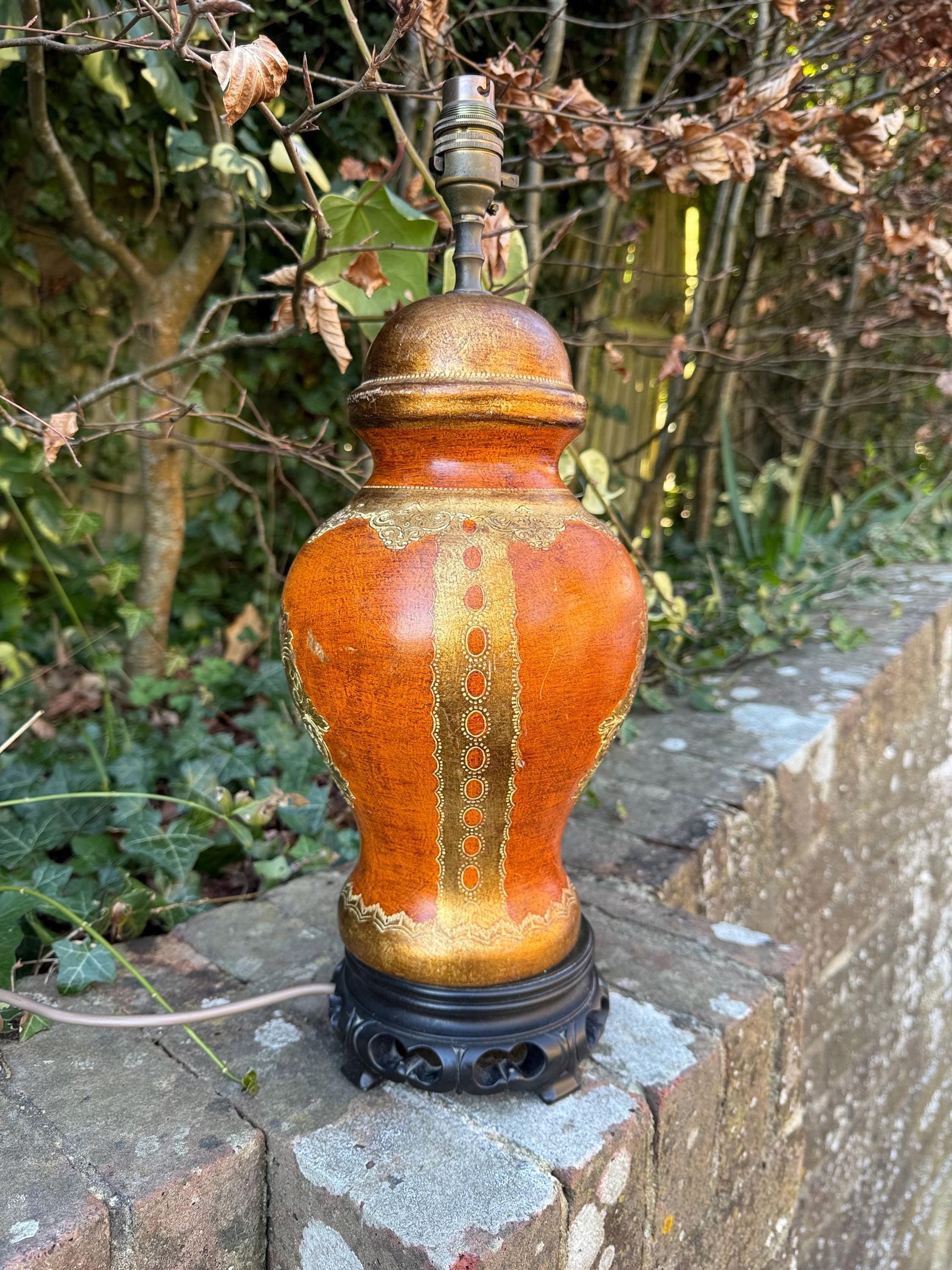 Vintage Asian Influenced Table Lamp (1970s) - burnt oranges, browns, golds - fully PAT tested and working