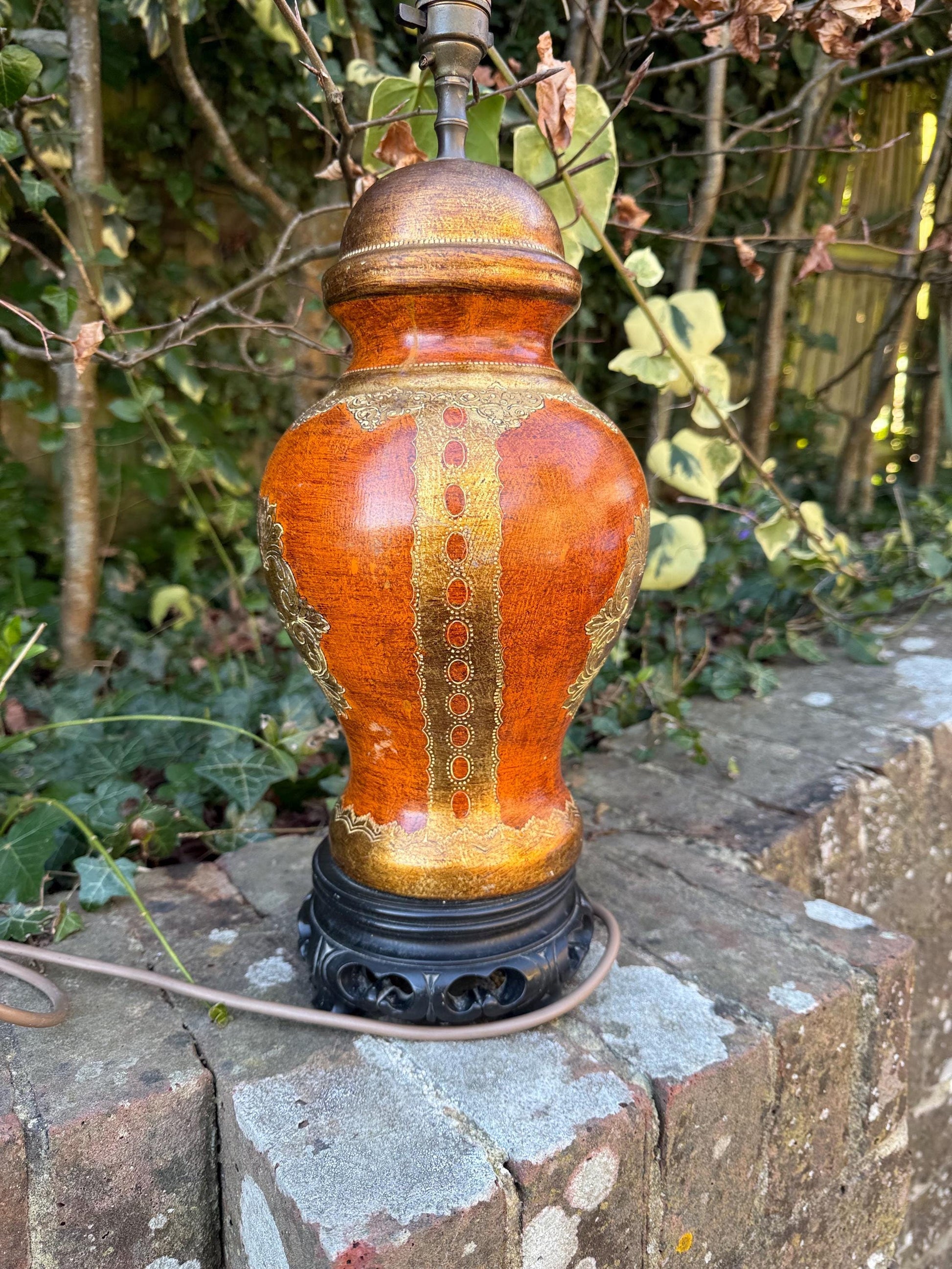 Vintage Asian Influenced Table Lamp (1970s) - burnt oranges, browns, golds - fully PAT tested and working