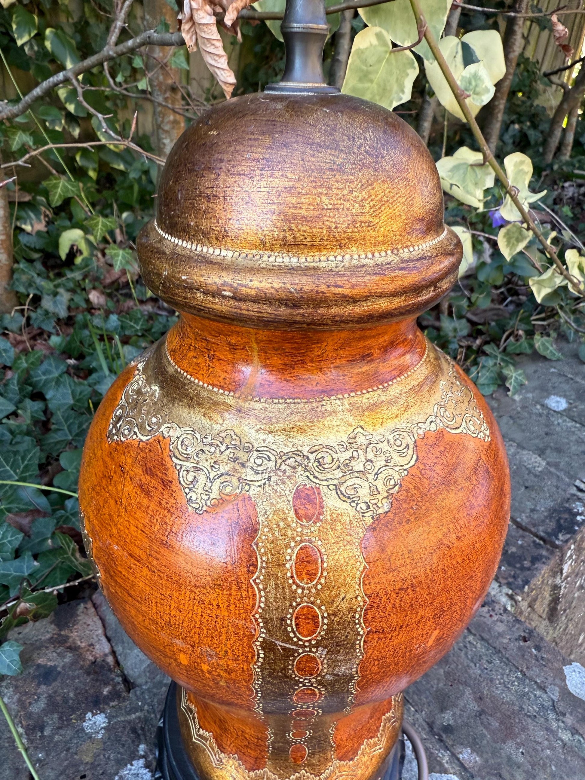 Vintage Asian Influenced Table Lamp (1970s) - burnt oranges, browns, golds - fully PAT tested and working