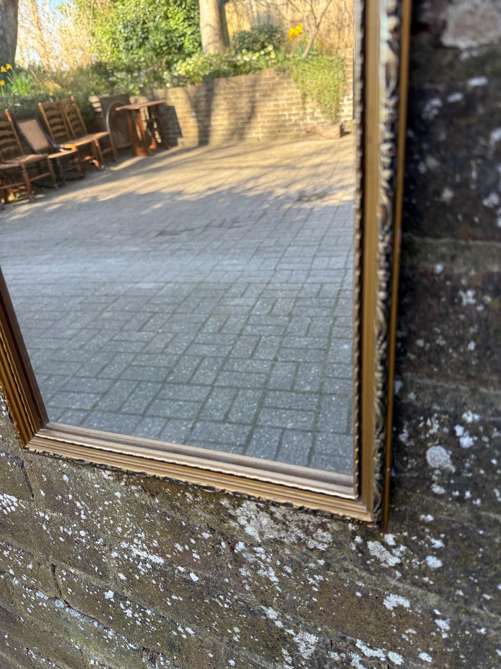 Super 70s retro gilt mirror, vintage gold mirror, with misted glass finish (39cm x 28cm)