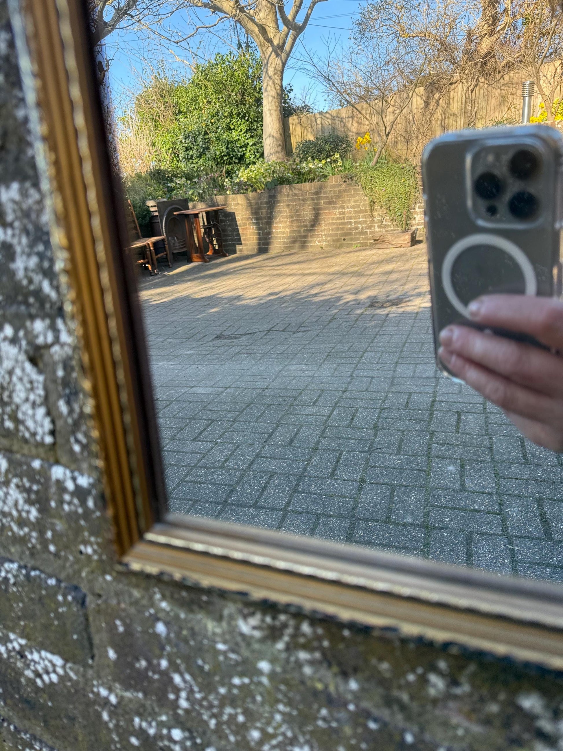 Super 70s retro gilt mirror, vintage gold mirror, with misted glass finish (39cm x 28cm)