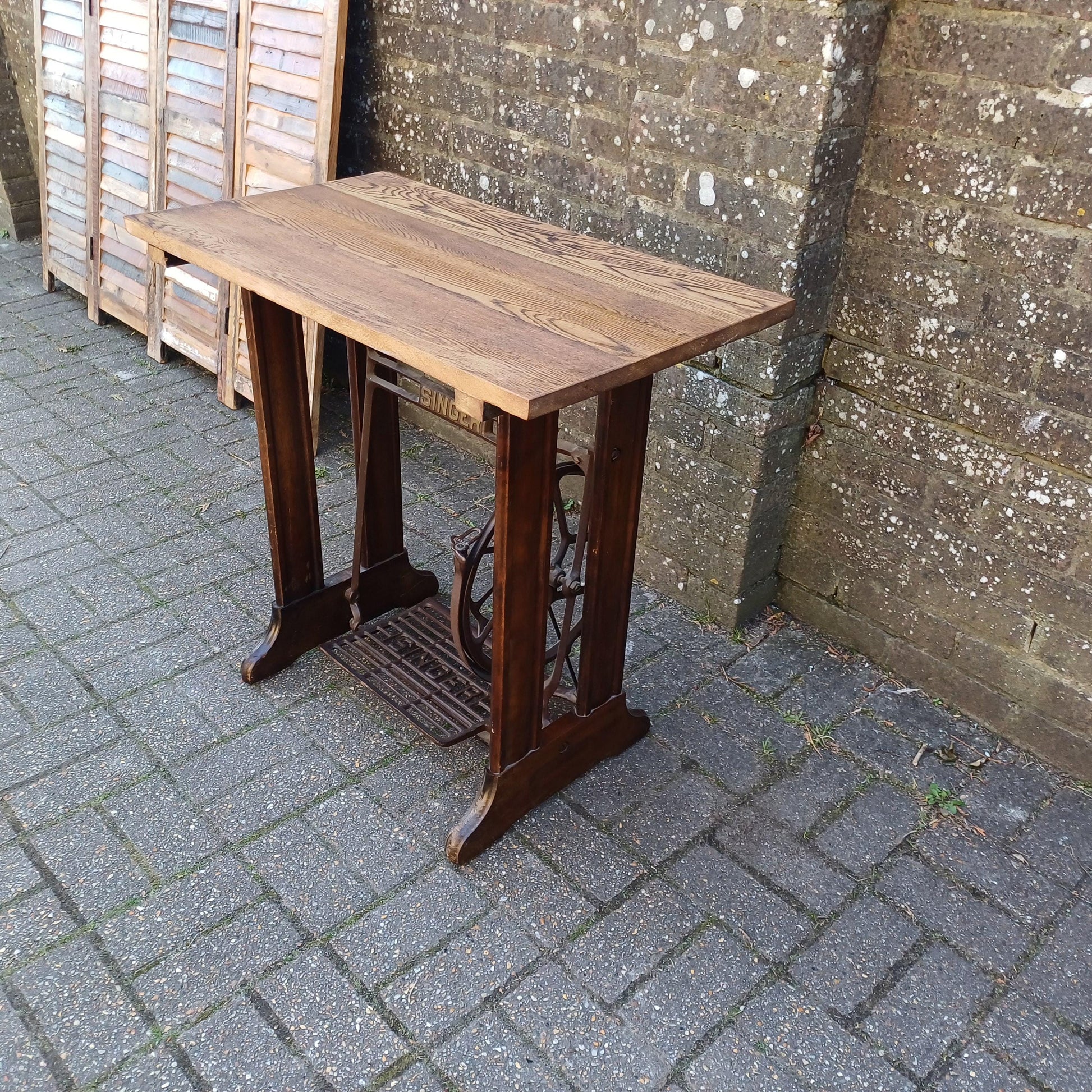 Upcycled Vintage Singer Treadle Sewing Machine Base Table Stripped Repurposed Oak Top Industrial Style FREE HAND Delivery