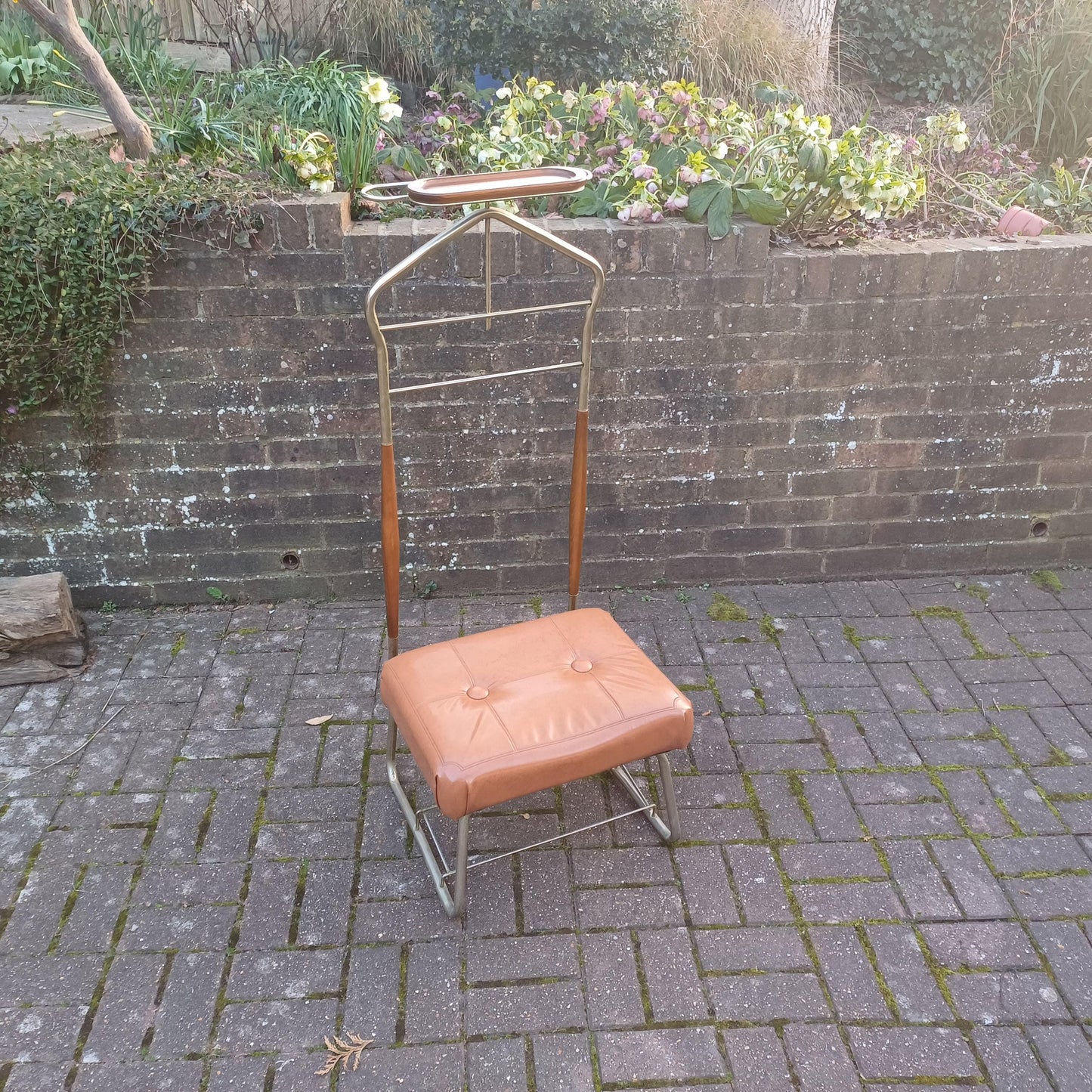 Vintage Retro 60s or 70s Valet Stand Chair Clothes Rack Storage Gold Finish Wood Accents Seat and Storage FREE HAND Delivery