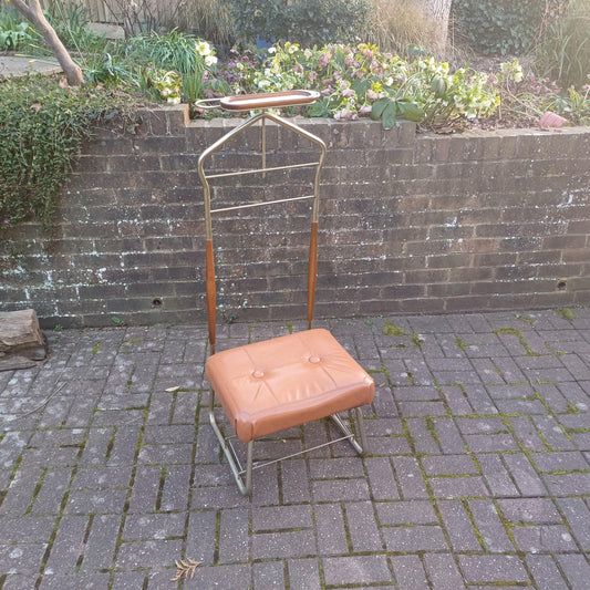 Vintage Retro 60s or 70s Valet Stand Chair Clothes Rack Storage Gold Finish Wood Accents Seat and Storage FREE HAND Delivery