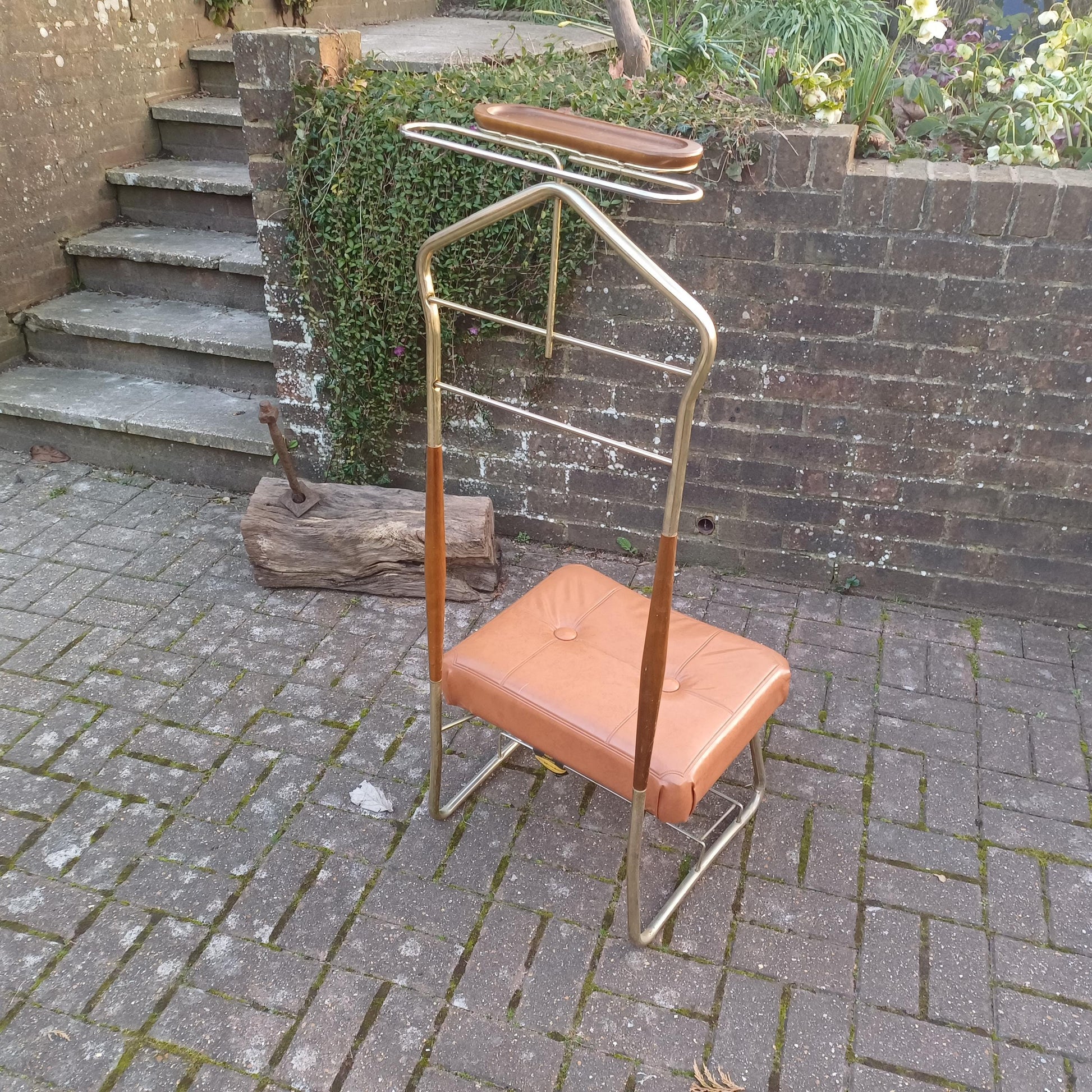 Vintage Retro 60s or 70s Valet Stand Chair Clothes Rack Storage Gold Finish Wood Accents Seat and Storage FREE HAND Delivery