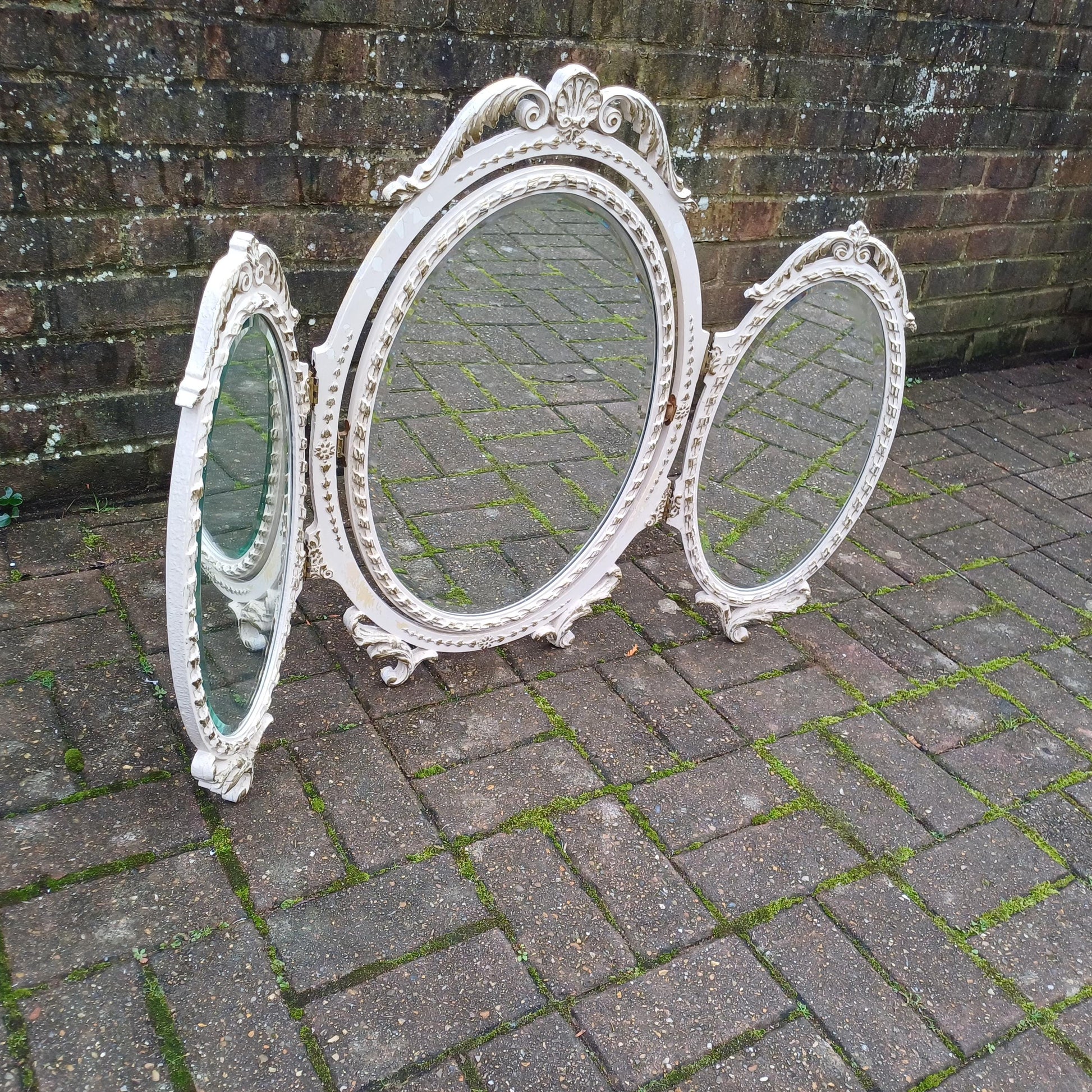 A Particularly Large Classic 70s Bedroom Ornate Painted Triple Dressing Table Mirror Light Cream Gold Highlights Bevelled Glass Adjustable.