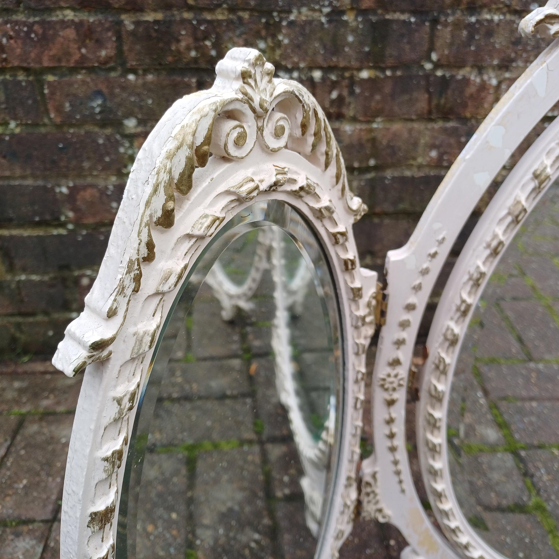 A Particularly Large Classic 70s Bedroom Ornate Painted Triple Dressing Table Mirror Light Cream Gold Highlights Bevelled Glass Adjustable.