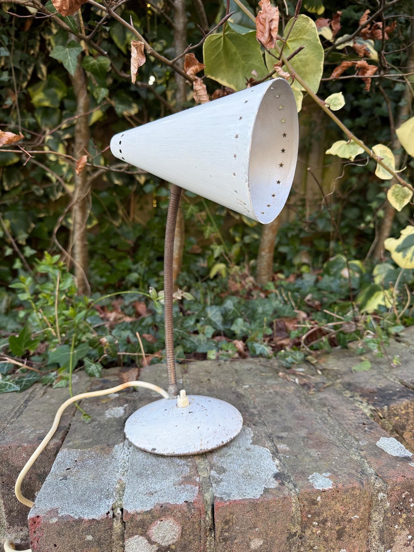 Original Early Retro Metal Desk Lamp, adjustable, European - white metal with star detail, original finishes, PAT tested and working