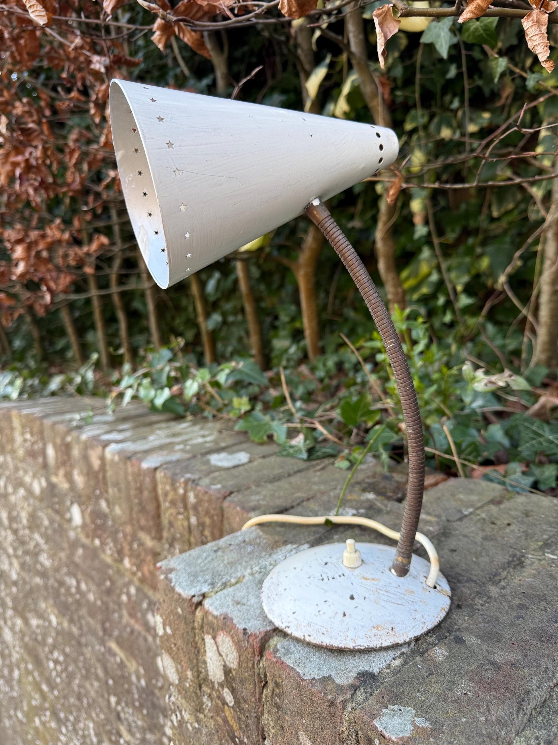 Original Early Retro Metal Desk Lamp, adjustable, European - white metal with star detail, original finishes, PAT tested and working