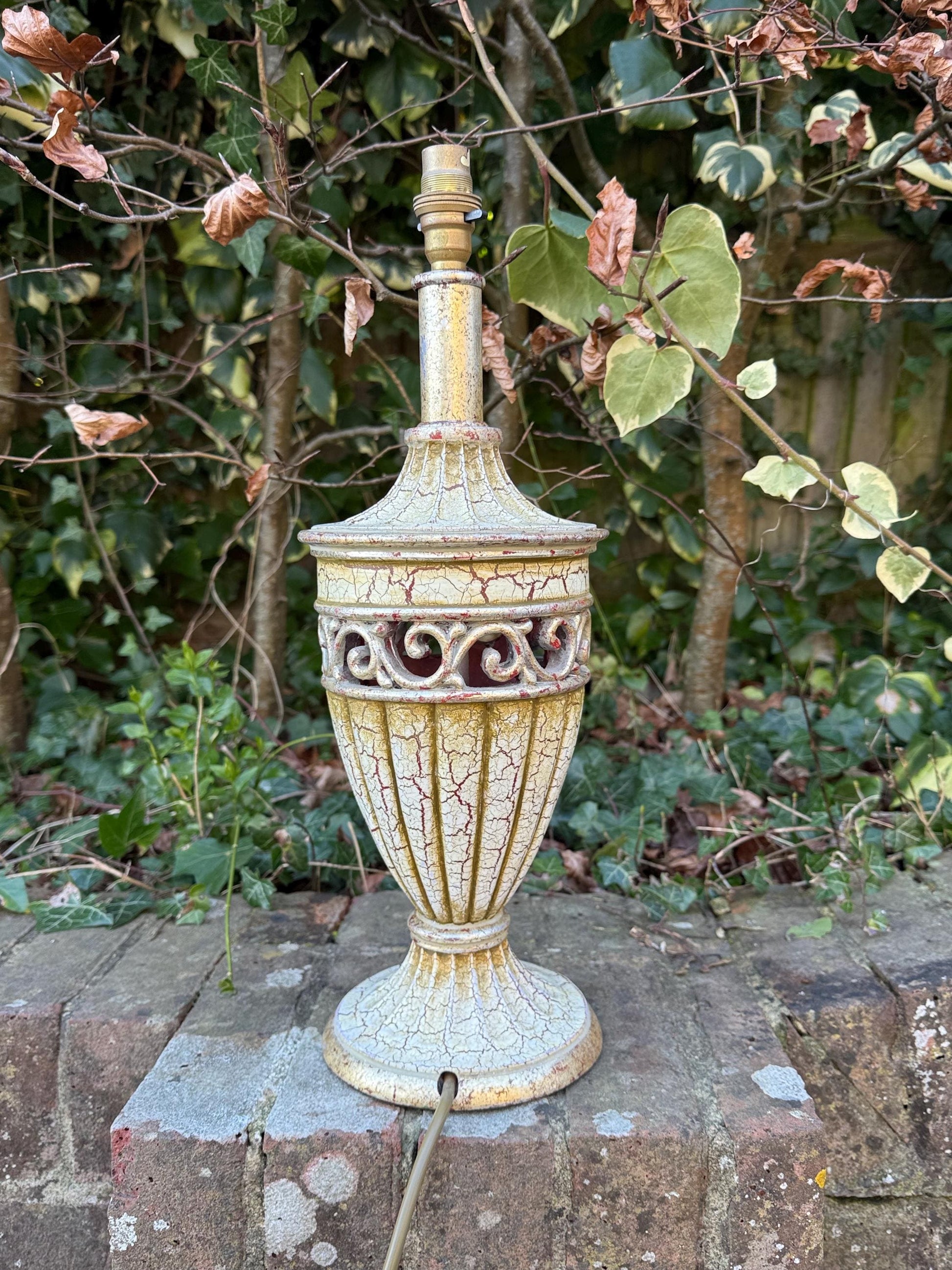 Large vintage Neo-Classical Urn Shaped Lamp in Cream, gold and crackle finish with reddish tones - PAT tested and working, 48cm tall