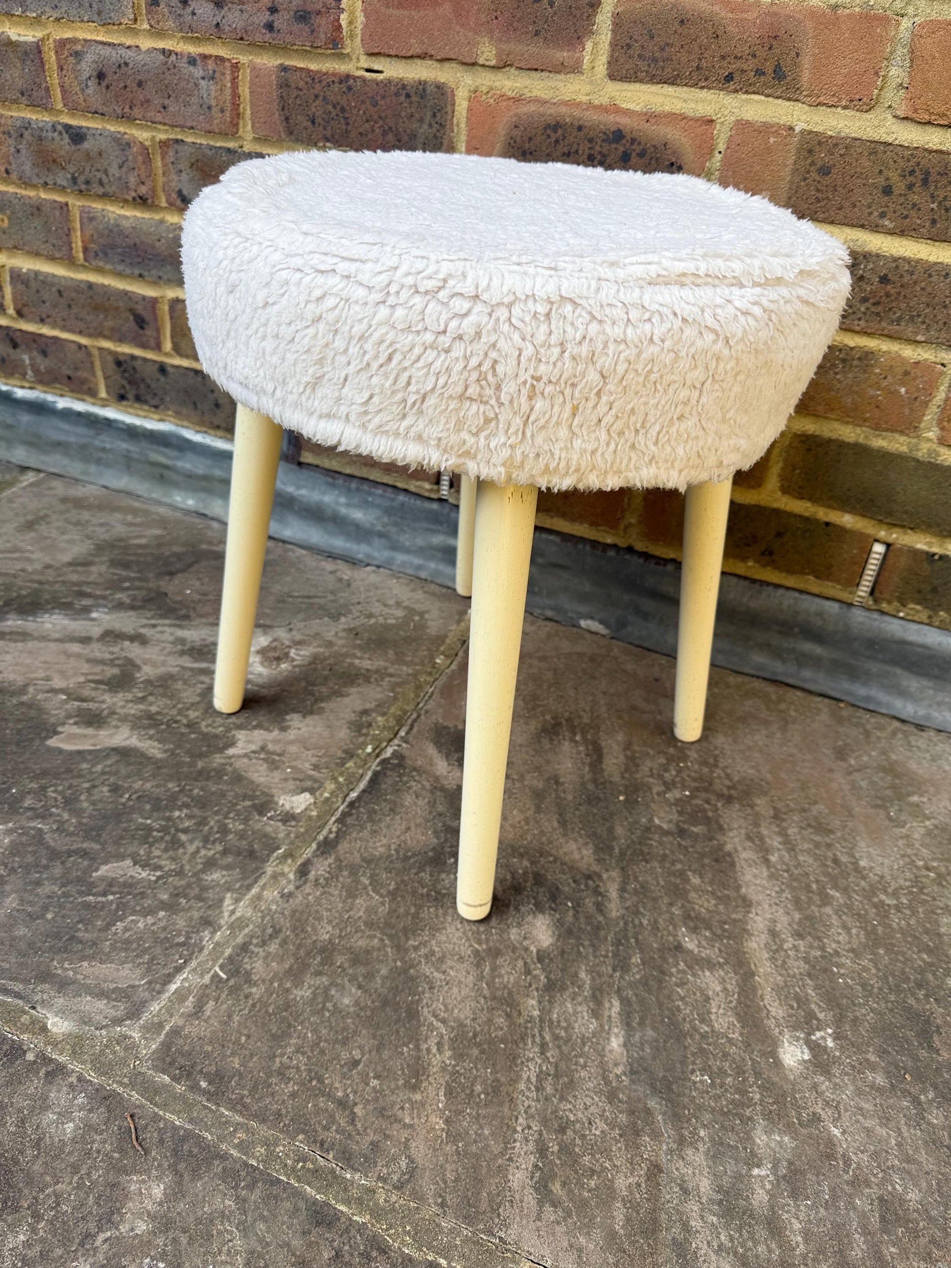 Vintage Sherborne Faux Fur White Wooden stool - 1970s/80s
