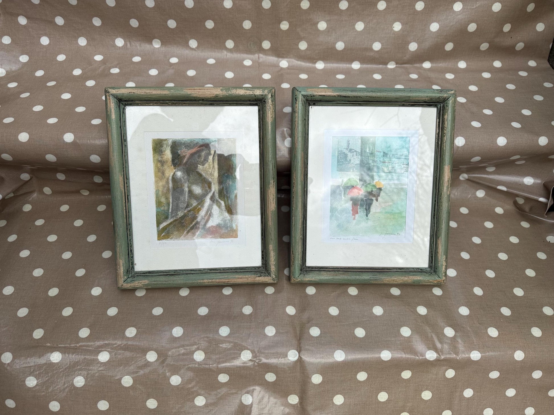 Vintage chunky green painted and glazed wooden frames with Italian inspired signed F. Formosa prints (24cm x 28.5cm)