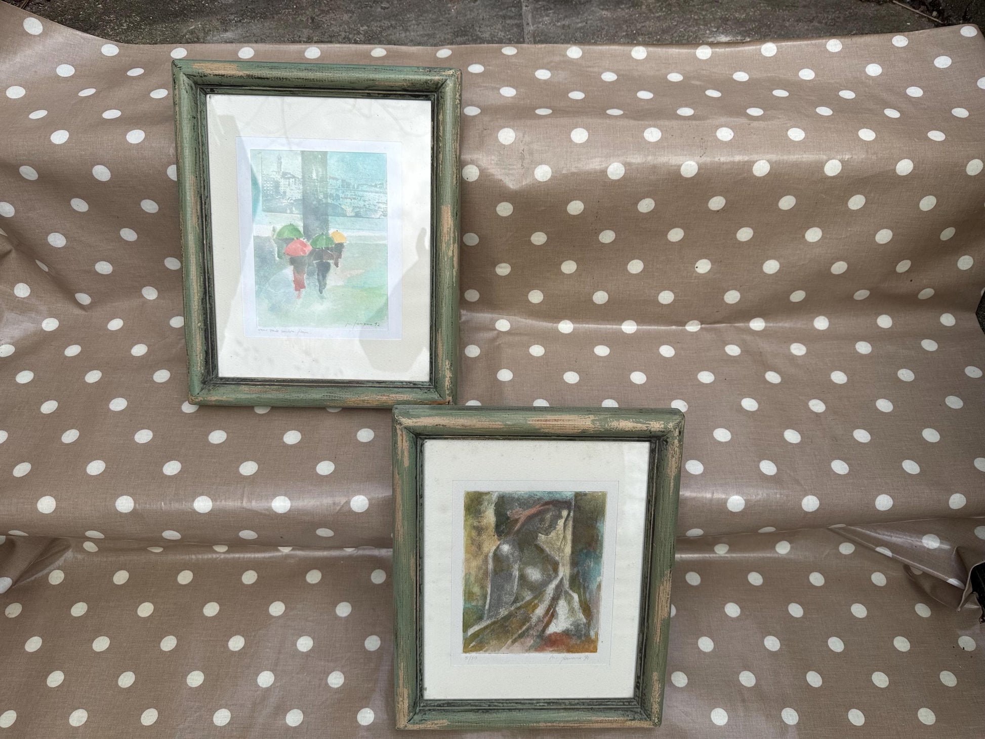 Vintage chunky green painted and glazed wooden frames with Italian inspired signed F. Formosa prints (24cm x 28.5cm)
