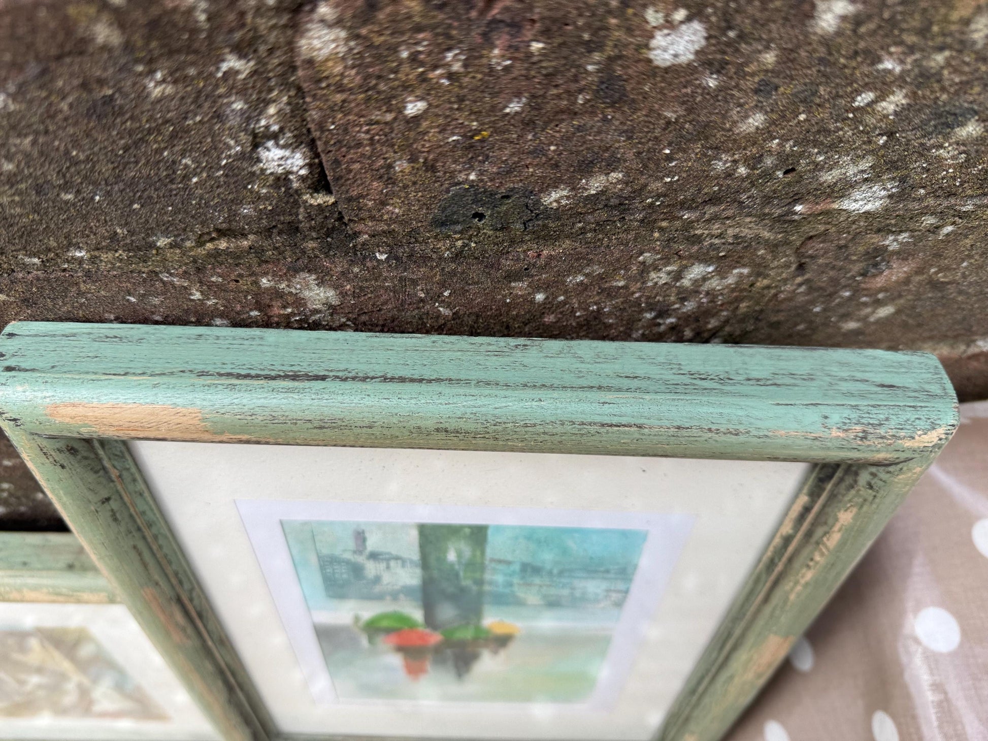 Vintage chunky green painted and glazed wooden frames with Italian inspired signed F. Formosa prints (24cm x 28.5cm)