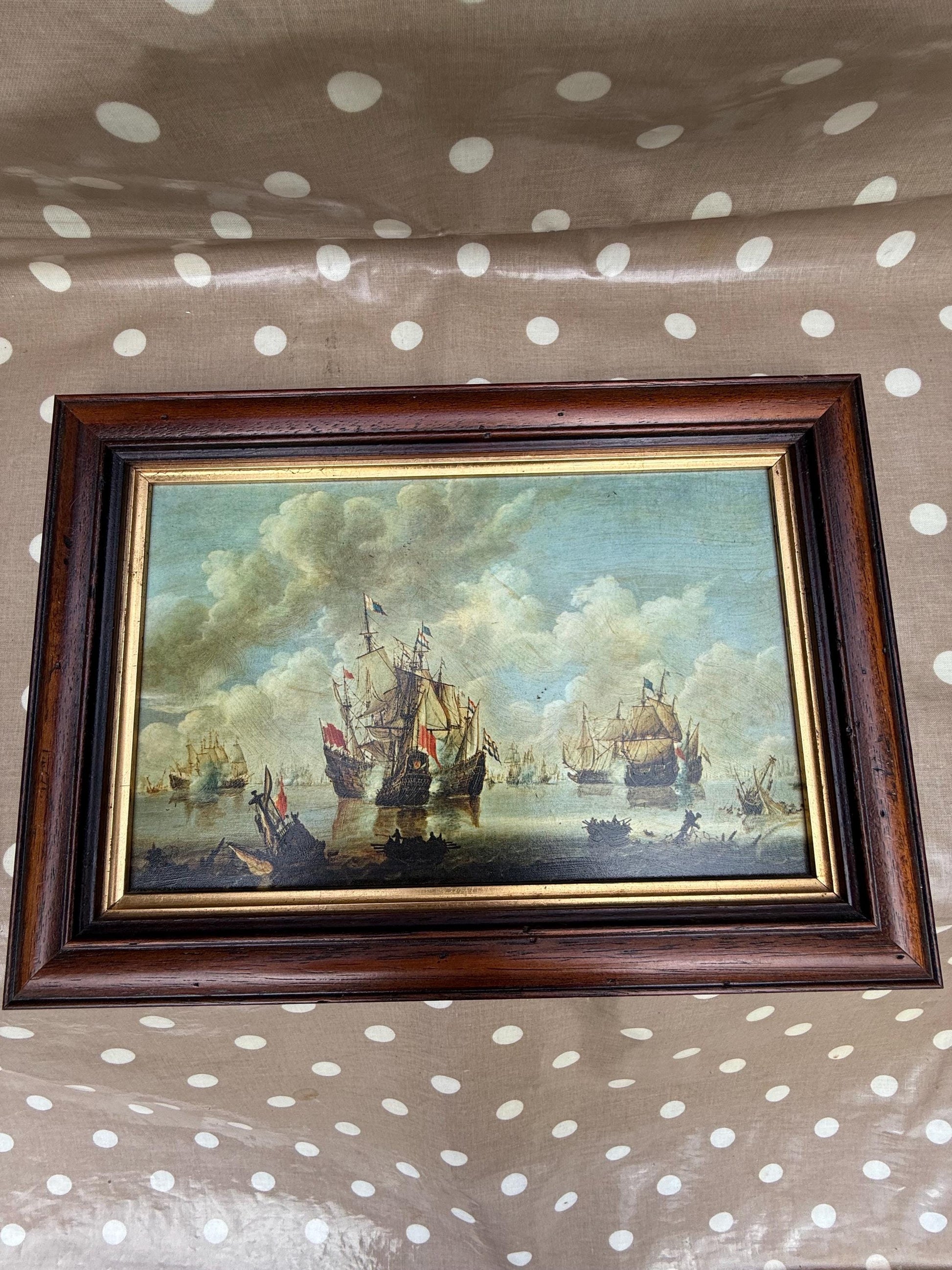 Small Vintage Maritime Naval Prints in quality frames, Willem van de Velde 17th C paintings (Port d'Amsterdam & Combat Naval La Mer Du Nord)