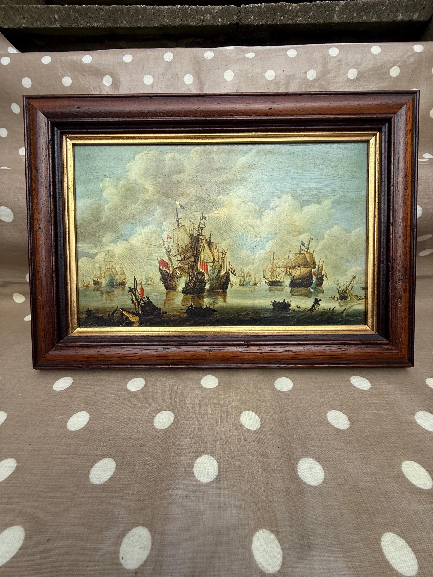 Small Vintage Maritime Naval Prints in quality frames, Willem van de Velde 17th C paintings (Port d'Amsterdam & Combat Naval La Mer Du Nord)