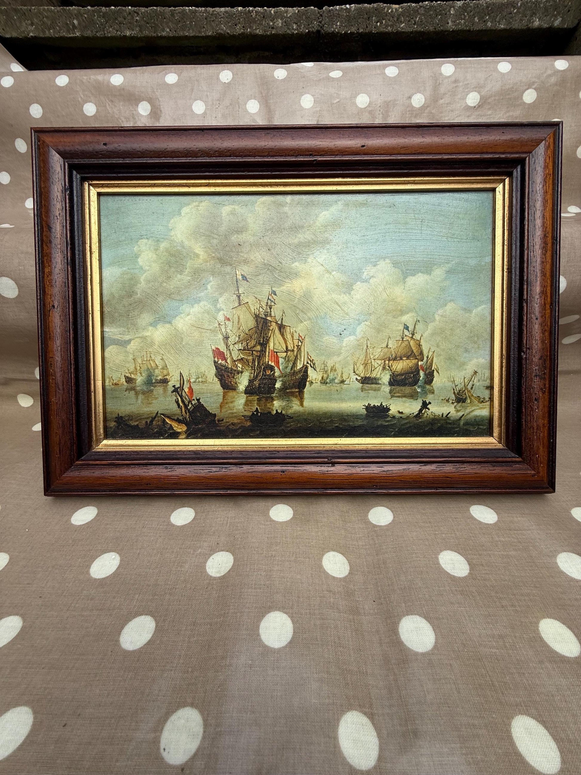 Small Vintage Maritime Naval Prints in quality frames, Willem van de Velde 17th C paintings (Port d'Amsterdam & Combat Naval La Mer Du Nord)