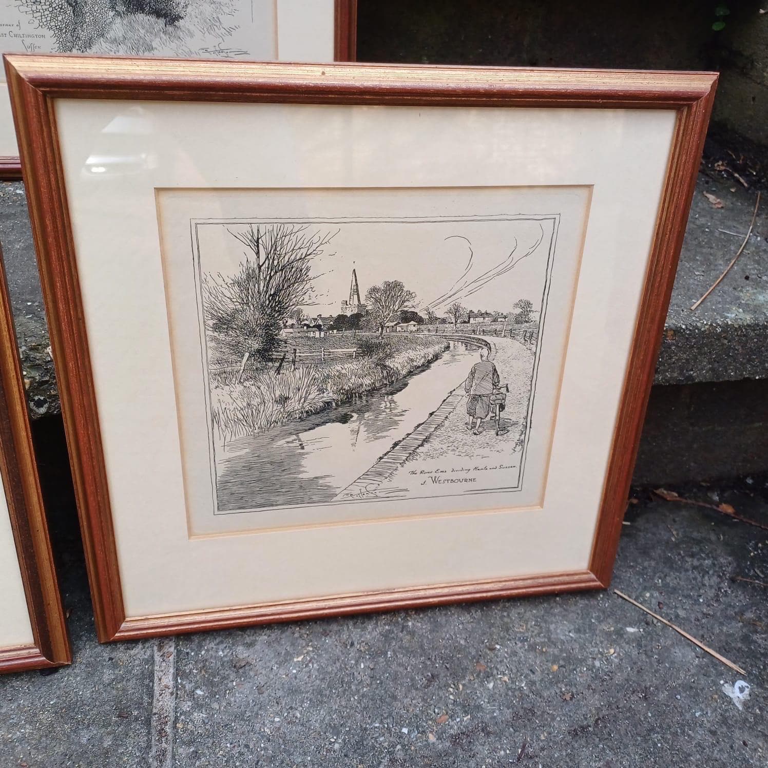 Sussex Cycling Prints - 3 pen and ink drawings of West & East Sussex Scenes, all professionally framed