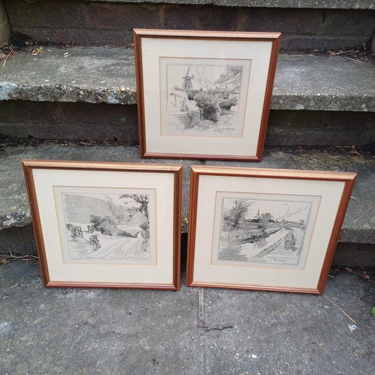 Sussex Cycling Prints - 3 pen and ink drawings of West & East Sussex Scenes, all professionally framed