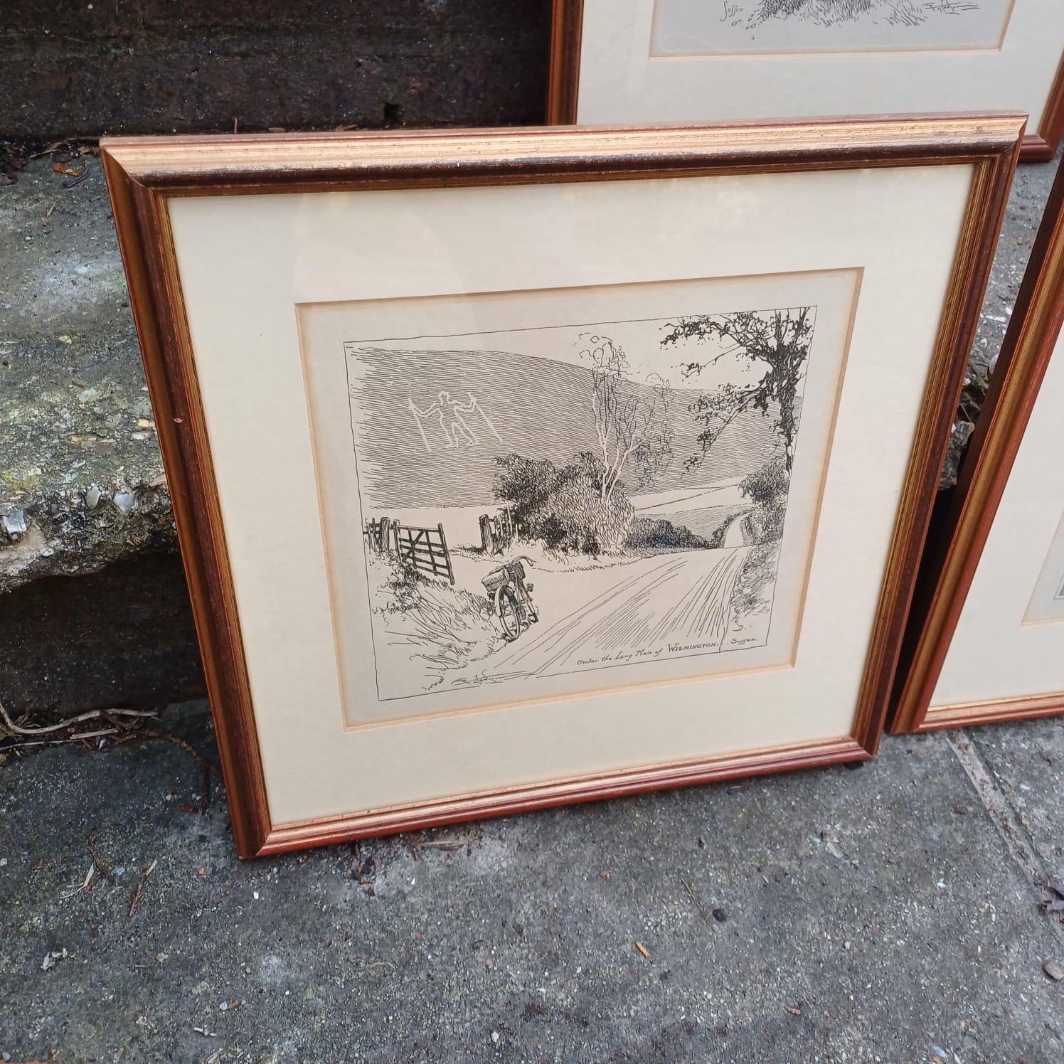 Sussex Cycling Prints - 3 pen and ink drawings of West & East Sussex Scenes, all professionally framed
