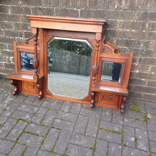 Antique Ornate Over Mantel Wall Mirror – Late Victorian or Edwardian, Solid Mahogany or Walnut Bevelled Ornate Carvings FREE HAND Delivery