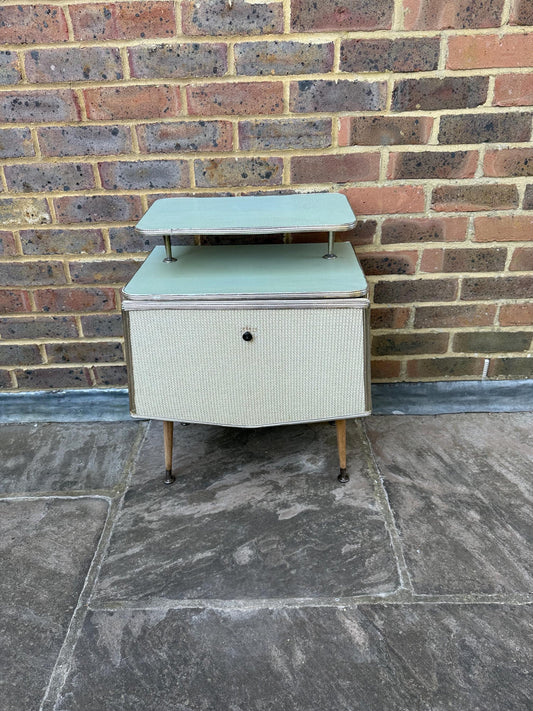 Rare mid-century bedside cupboard, super retro style with woven detail, chrome effect and tapered legs
