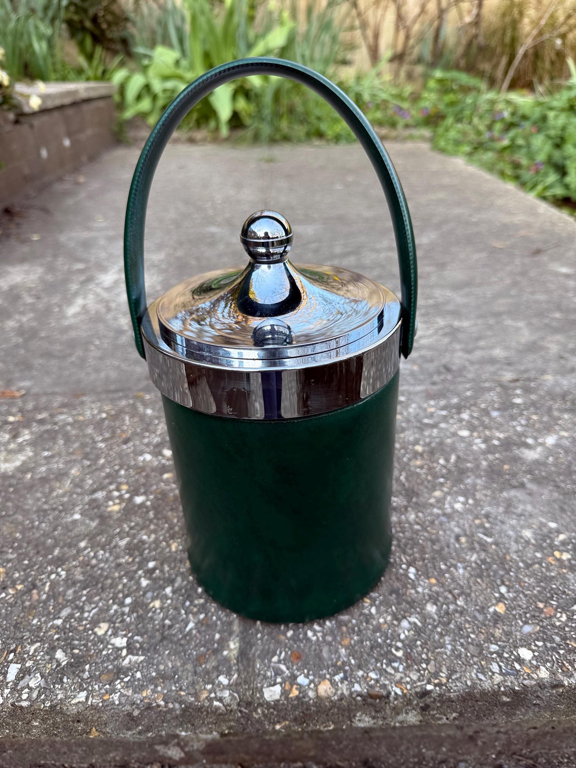 Vintage Retro Faux Green Leather & Chrome Ice Bucket or Storage Pot