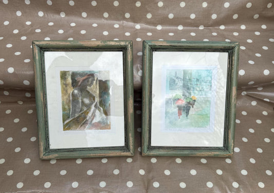 green chunky wooden frames in shabby chic, french country style. displaying two italian mixed media prints. excellent condition
