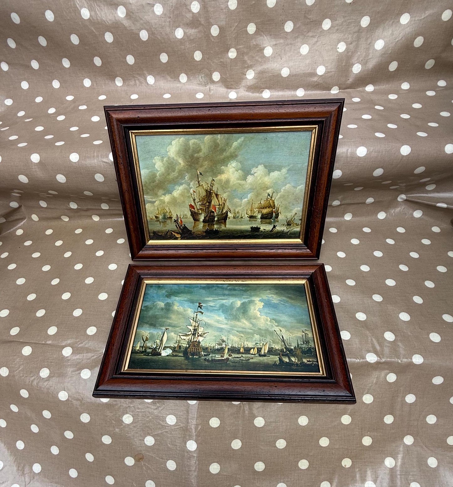 Antique Dutch paintings by Willem van de Velde printed onto hard board and framed - likely70s or80s. Port Amsterdam and North Sea Battle.  Quality framed antique Dutch prints. Maritime Naval paintings