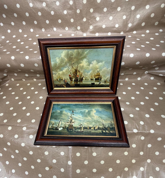 Antique Dutch paintings by Willem van de Velde printed onto hard board and framed - likely70s or80s. Port Amsterdam and North Sea Battle.  Quality framed antique Dutch prints. Maritime Naval paintings