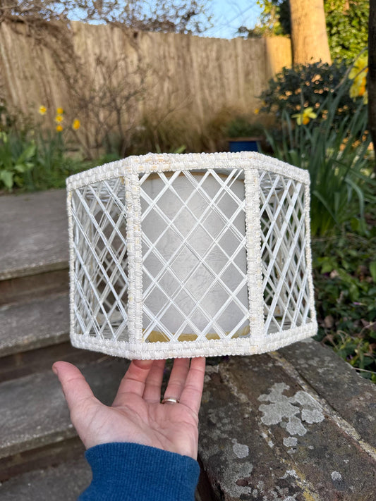 Rare Vintage 1960s woven lattice lamp shade in off white, internal diffuser, geometric form - VGC