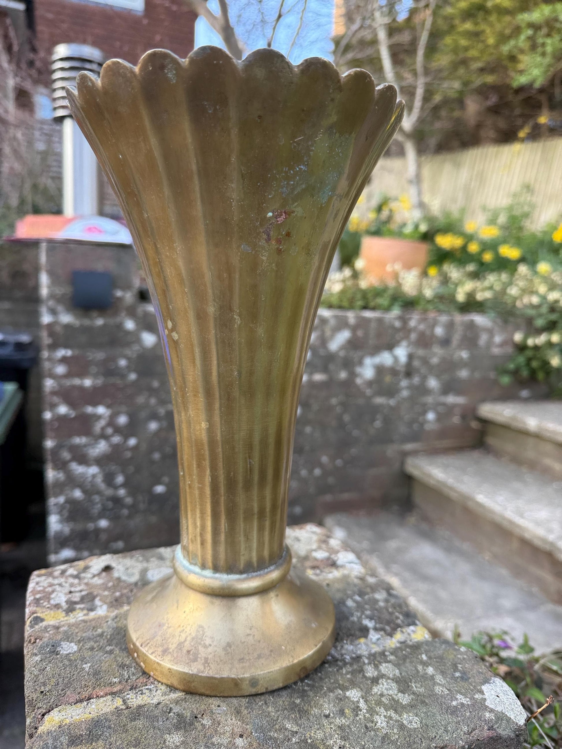 Art Deco Styling Solid Cast Brass Fluted and Scalloped Edge Brass Vase, heavy quality vintage vase