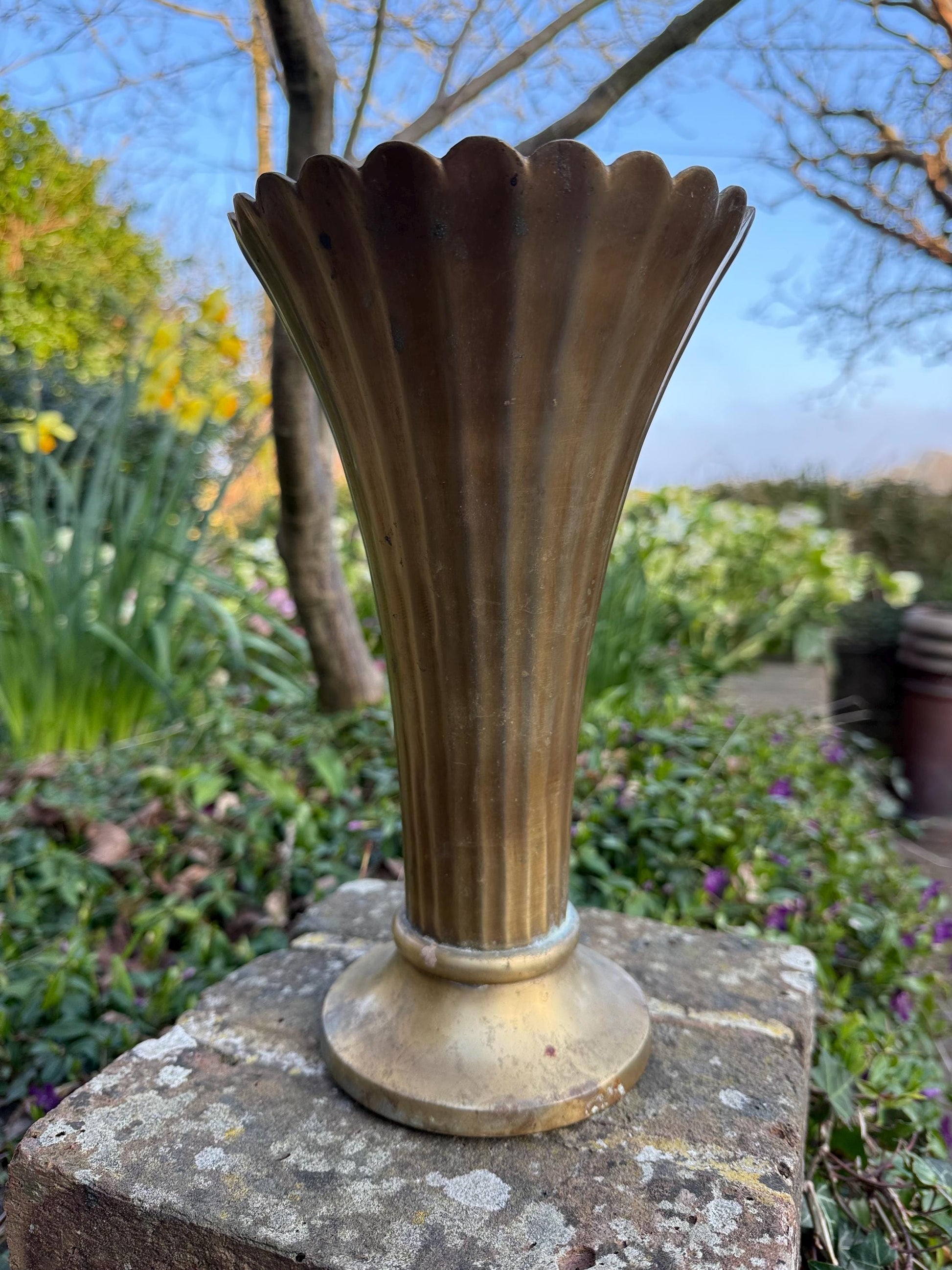 Art Deco Styling Solid Cast Brass Fluted and Scalloped Edge Brass Vase, heavy quality vintage vase