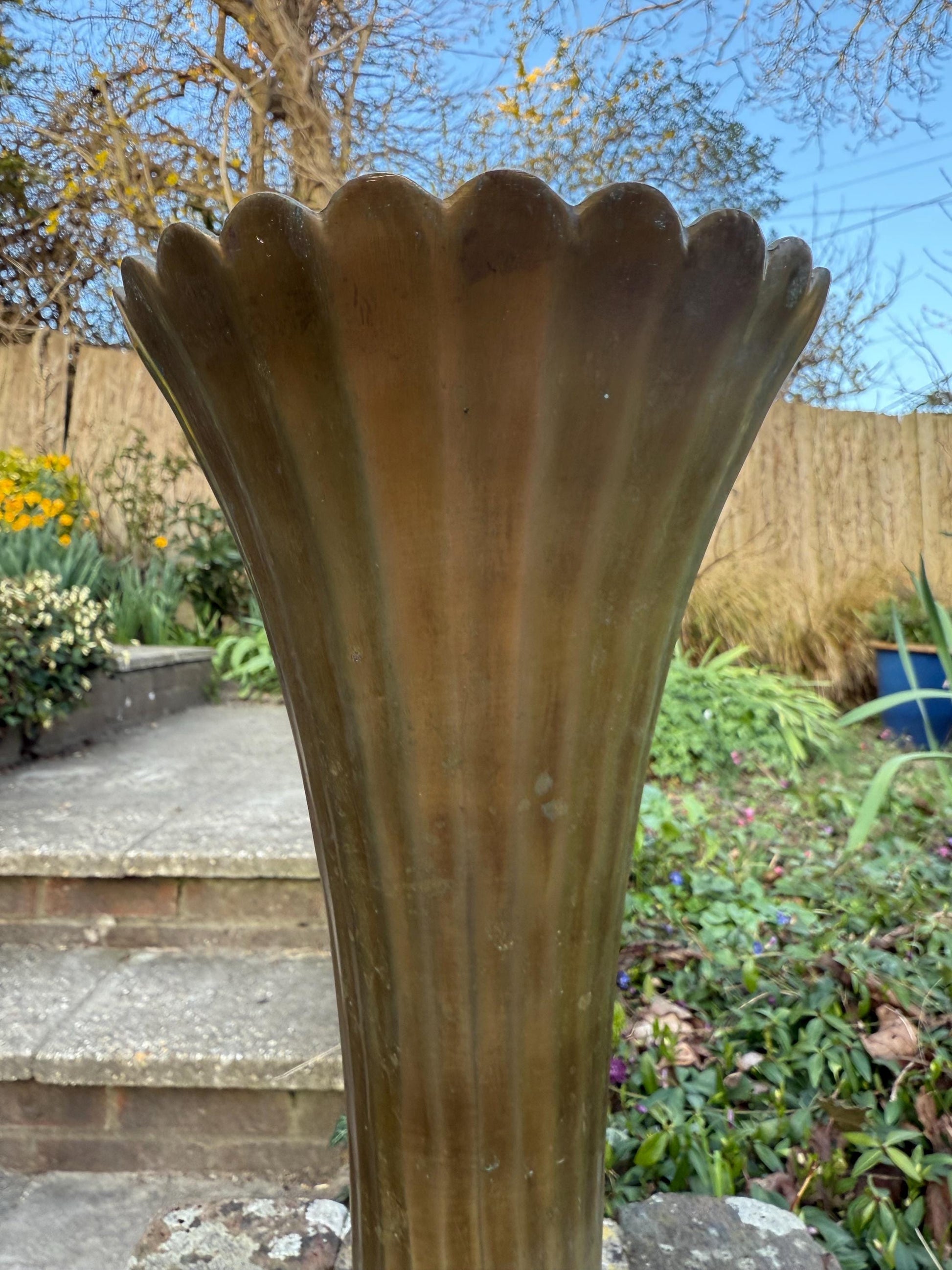 Art Deco Styling Solid Cast Brass Fluted and Scalloped Edge Brass Vase, heavy quality vintage vase