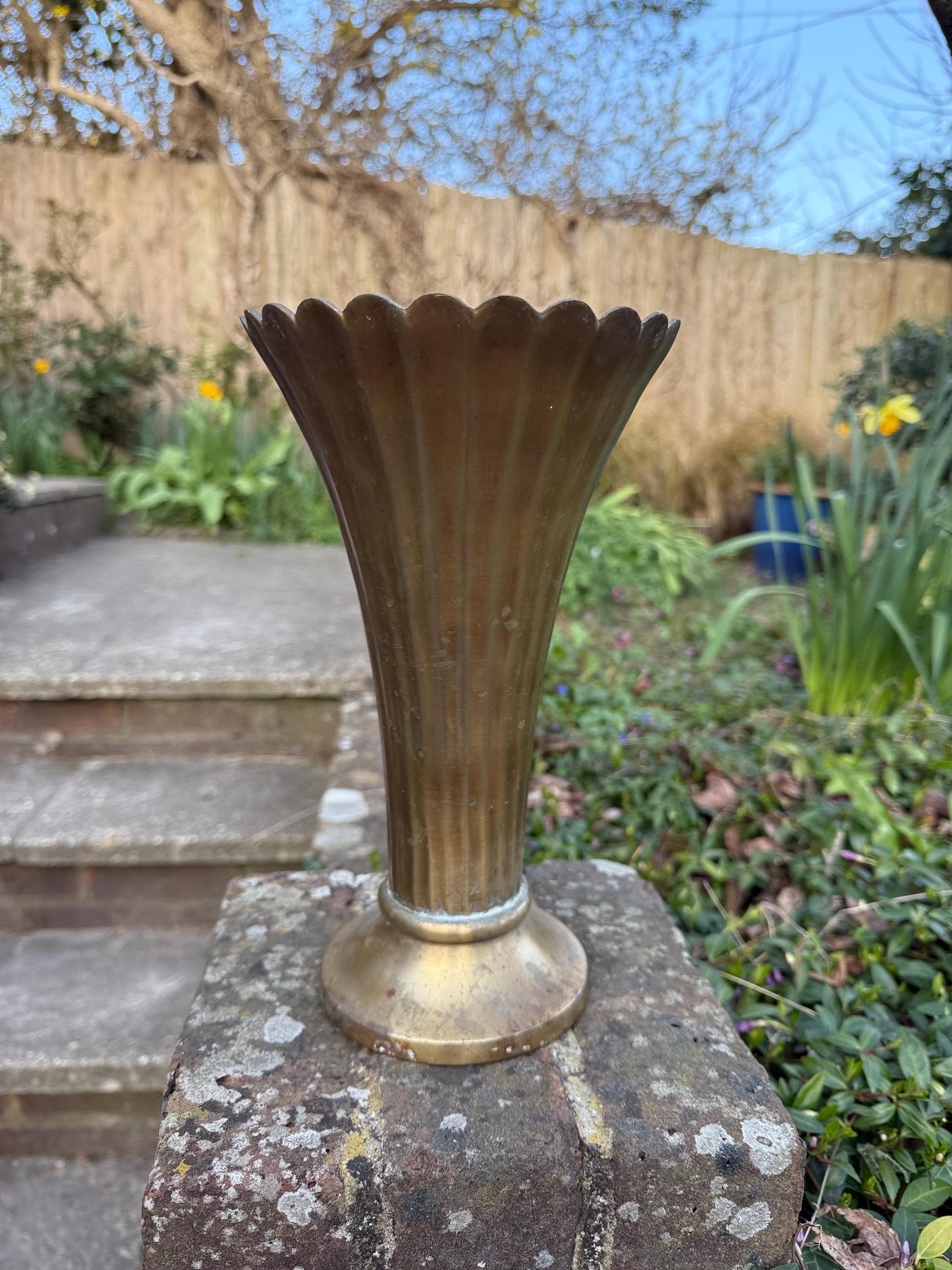 Art Deco Styling Solid Cast Brass Fluted and Scalloped Edge Brass Vase, heavy quality vintage vase