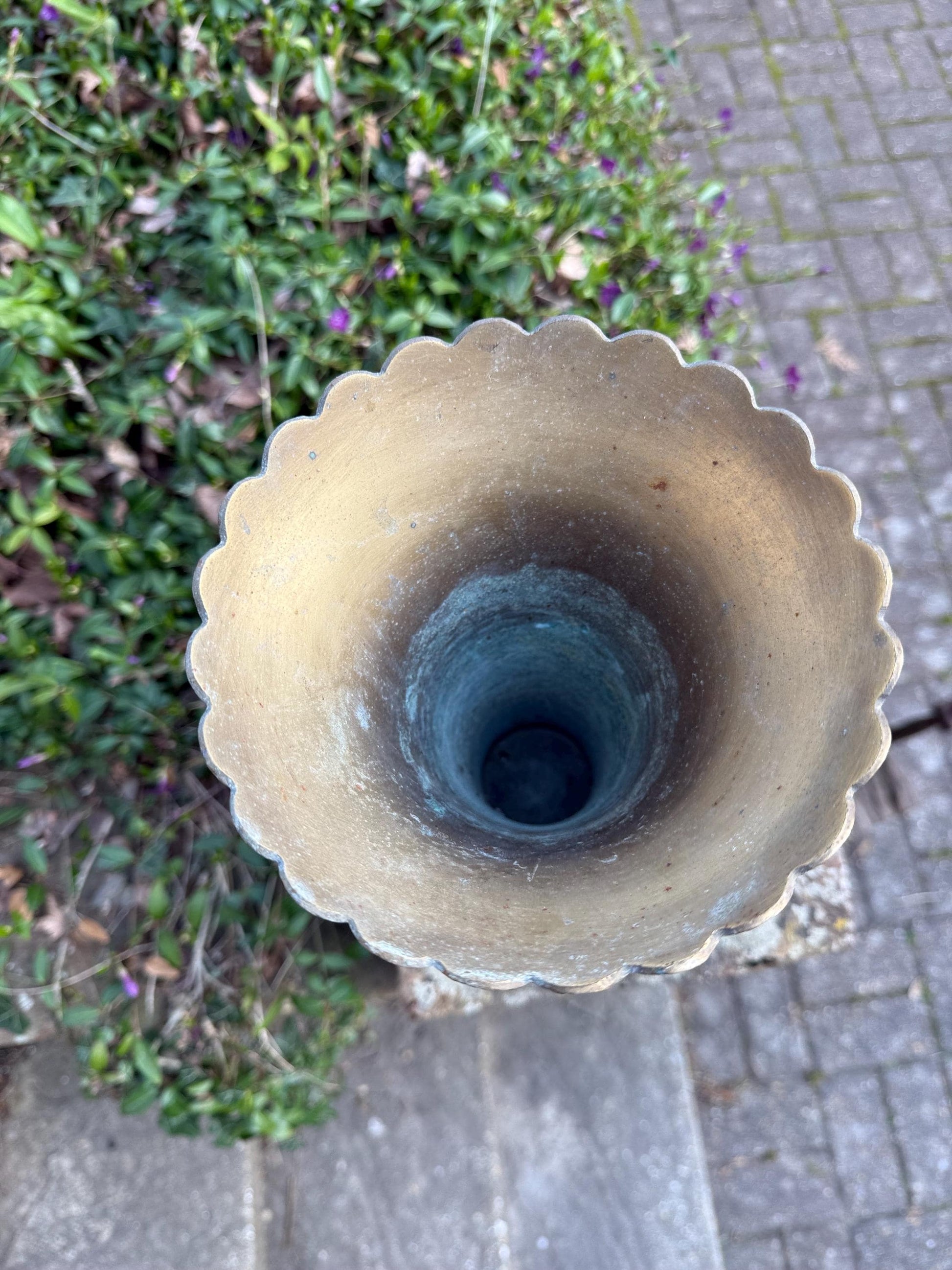 Art Deco Styling Solid Cast Brass Fluted and Scalloped Edge Brass Vase, heavy quality vintage vase