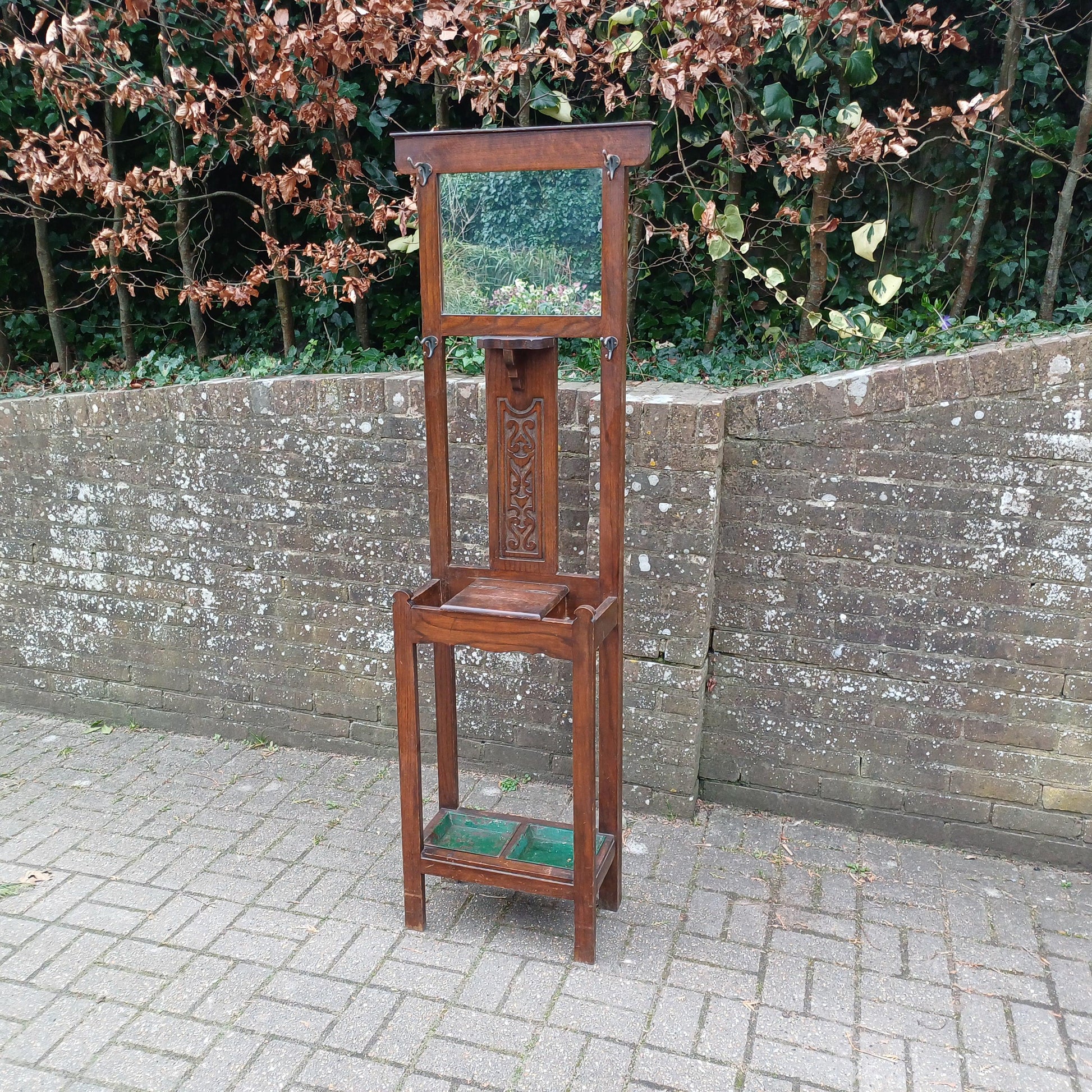 Vintage Antique Arts and Crafts Hall Stand – Oak Wood Coat Rack with Mirror and Umbrella Holder FREE HAND Delivery