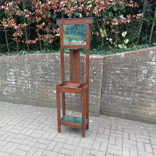 Vintage Antique Arts and Crafts Hall Stand – Oak Wood Coat Rack with Mirror and Umbrella Holder FREE HAND Delivery
