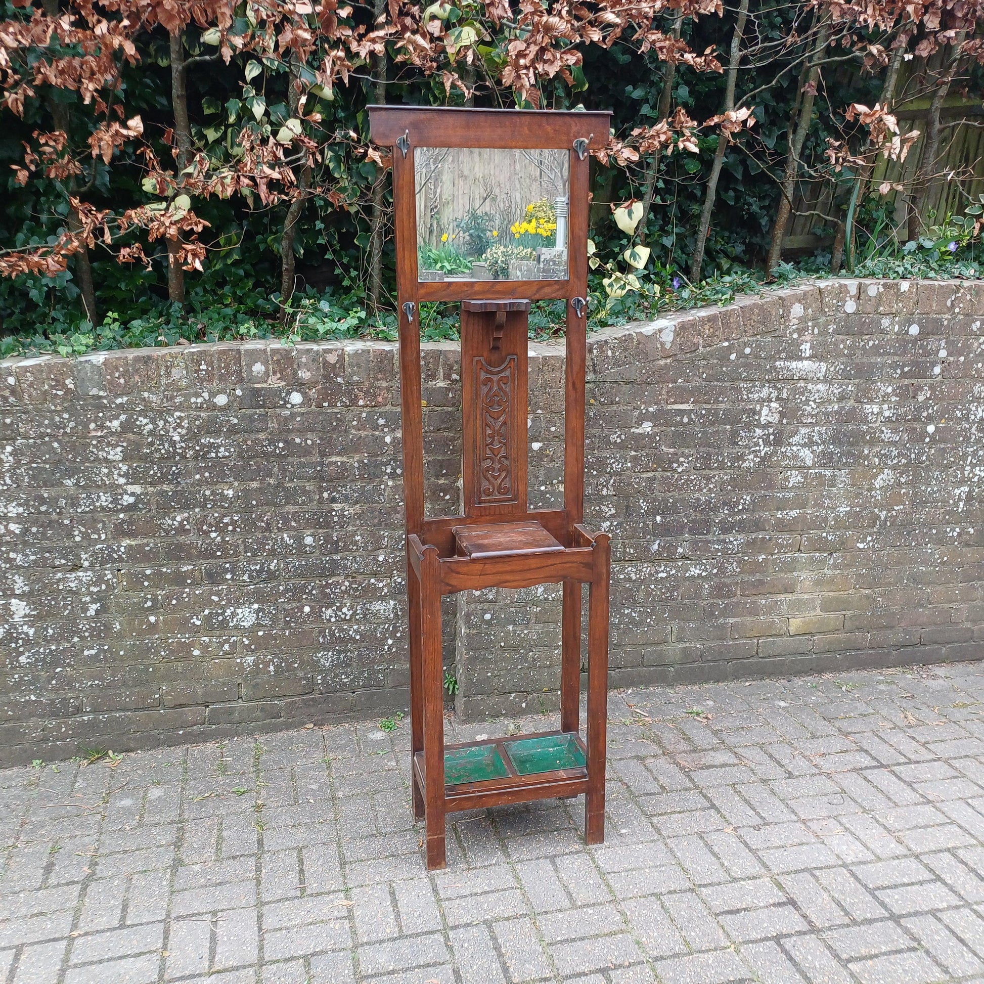 Vintage Antique Arts and Crafts Hall Stand – Oak Wood Coat Rack with Mirror and Umbrella Holder FREE HAND Delivery