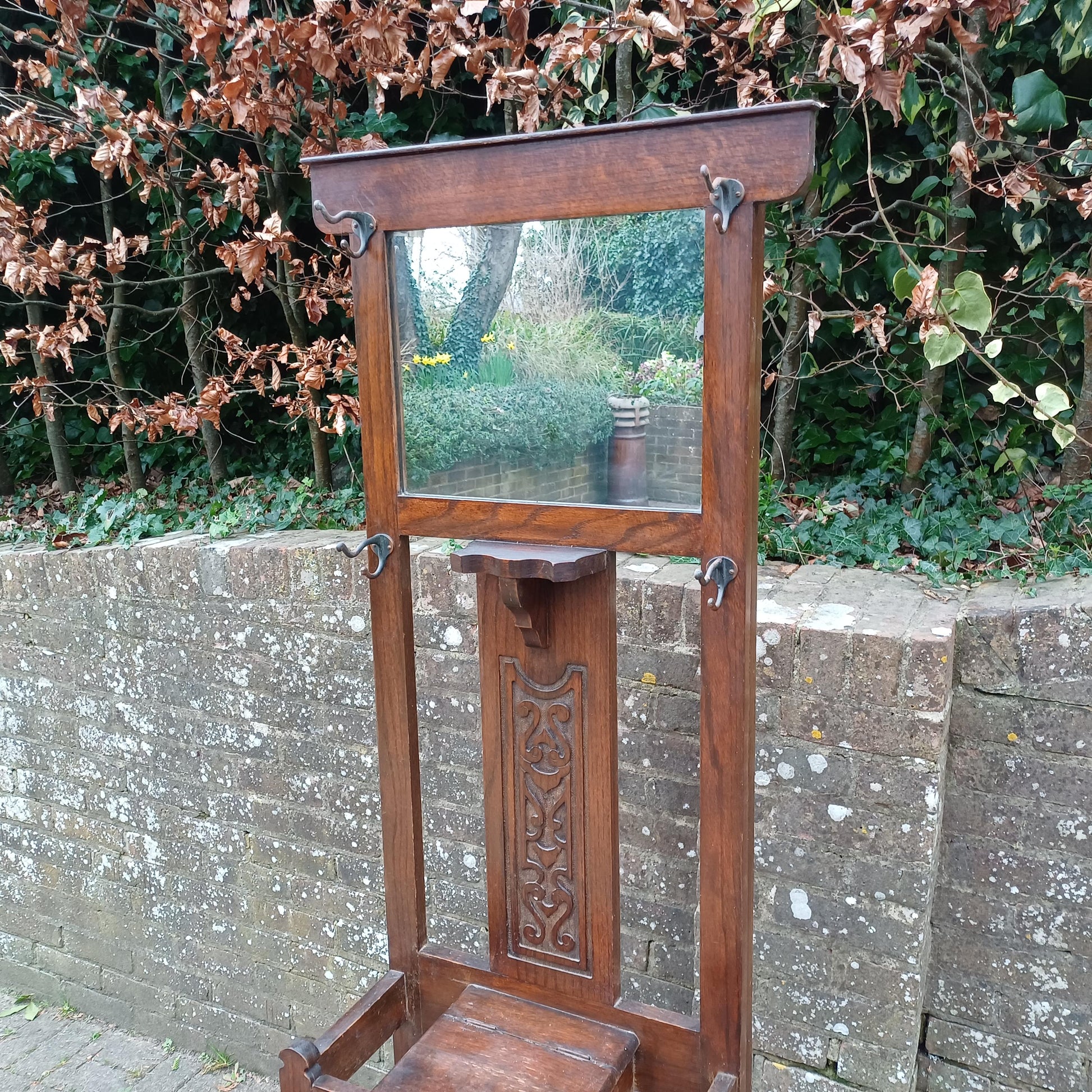 Vintage Antique Arts and Crafts Hall Stand – Oak Wood Coat Rack with Mirror and Umbrella Holder FREE HAND Delivery